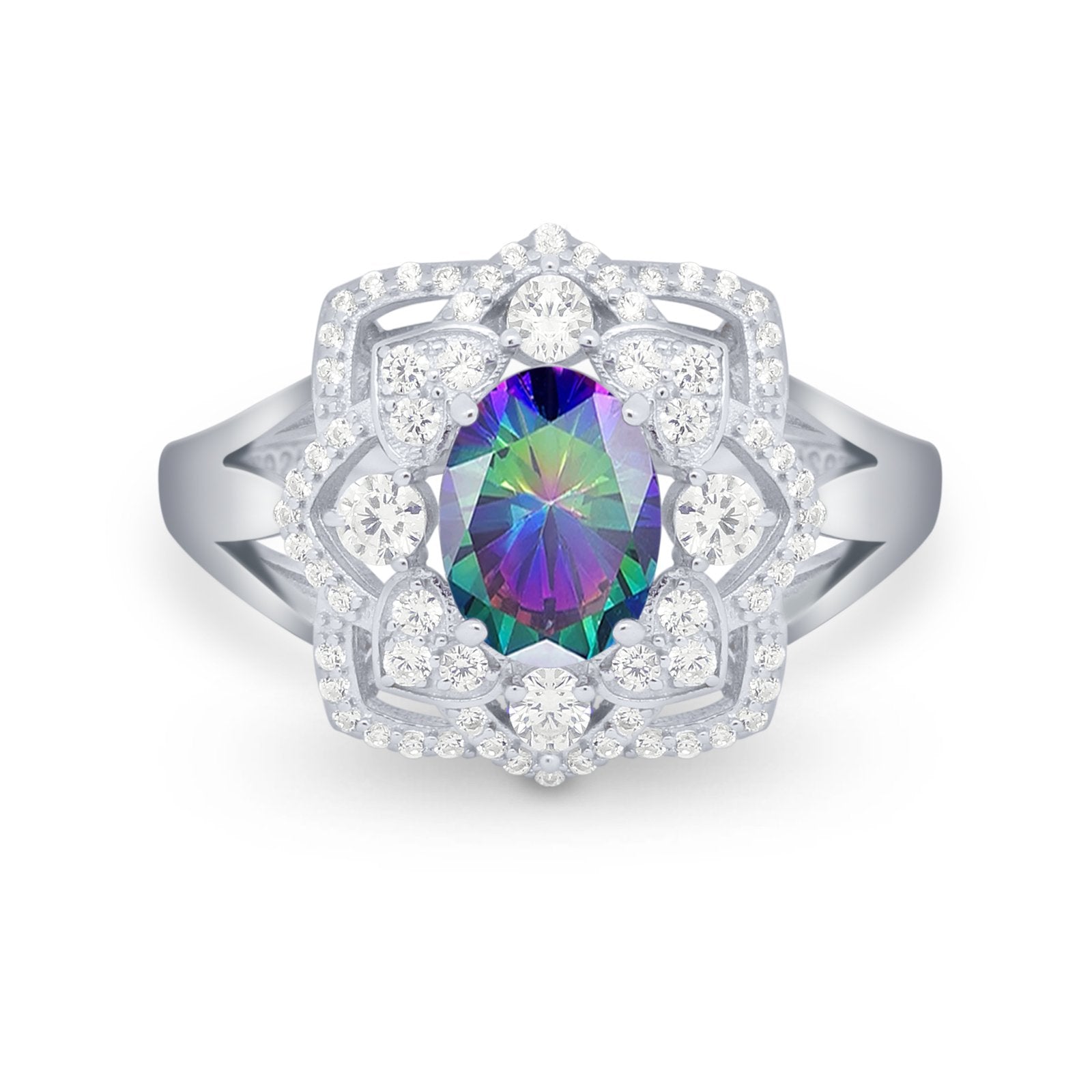 Art Deco Oval Wedding Ring Round Simulated Cubic Zirconia 925 Sterling Silver