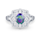 Art Deco Oval Wedding Ring Round Simulated Cubic Zirconia 925 Sterling Silver