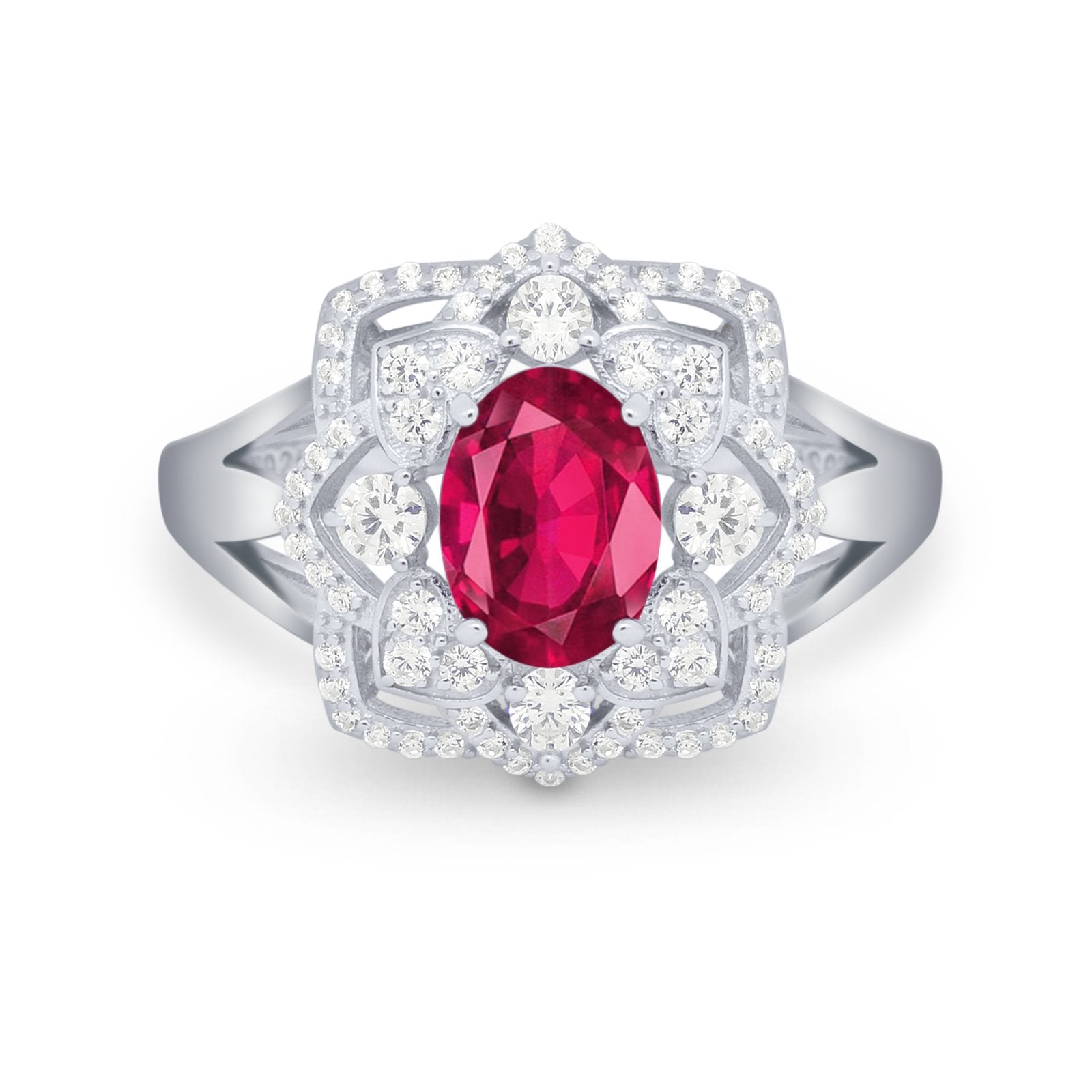 Art Deco Oval Wedding Ring Round Simulated Cubic Zirconia 925 Sterling Silver