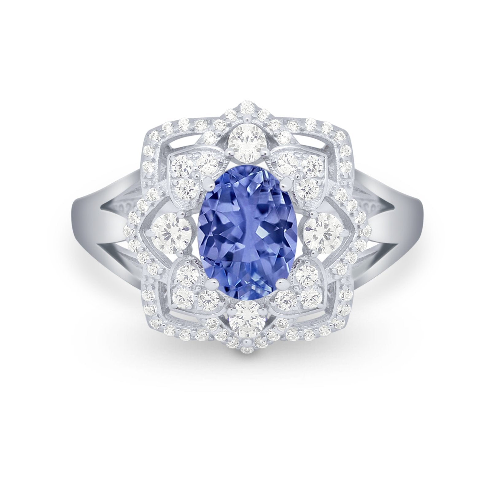 Art Deco Oval Wedding Ring Round Simulated Cubic Zirconia 925 Sterling Silver