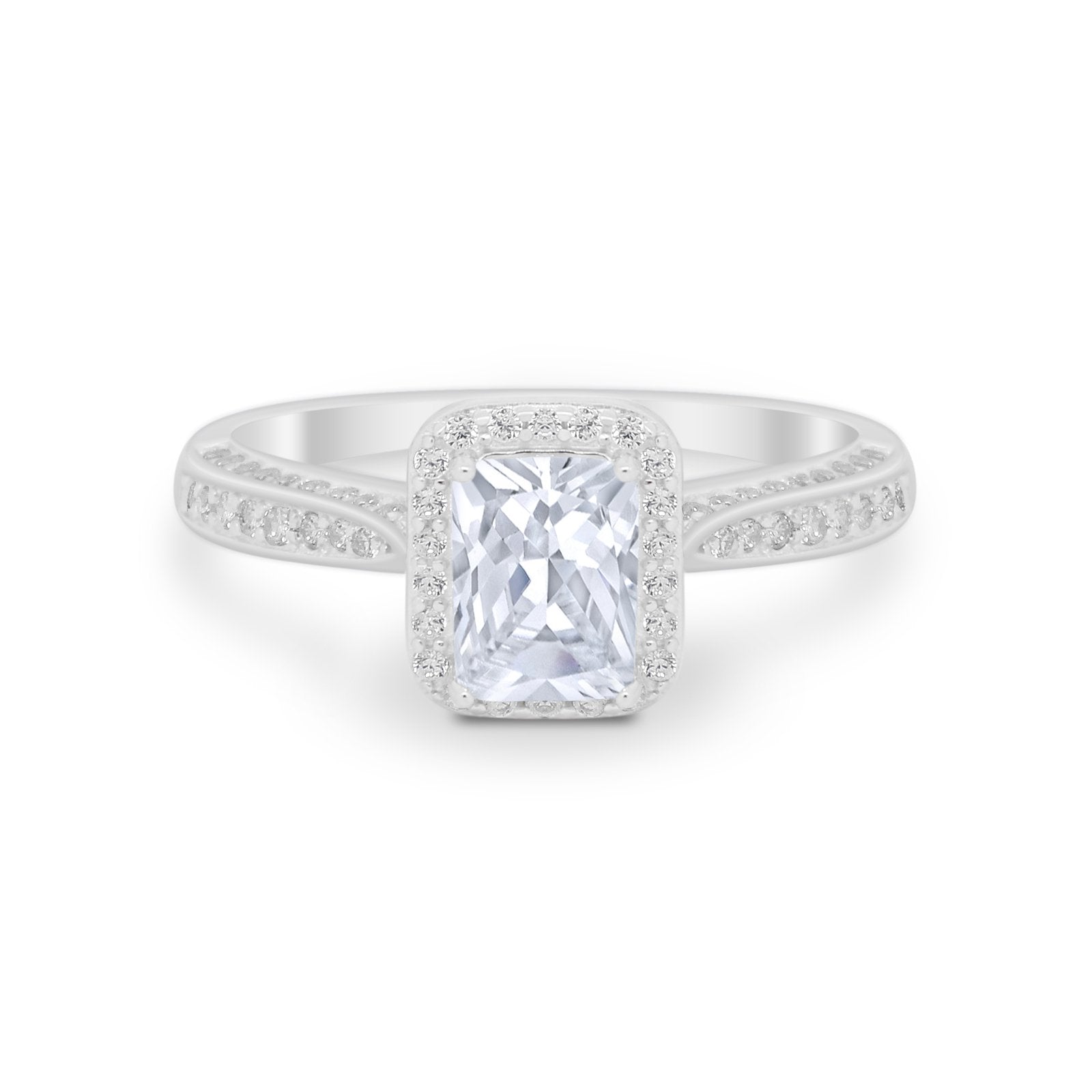 Vintage Emerald Cut Ring Round Simulated Cubic Zirconia 925 Sterling Silver
