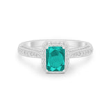 Vintage Emerald Cut Ring Round Simulated Cubic Zirconia 925 Sterling Silver
