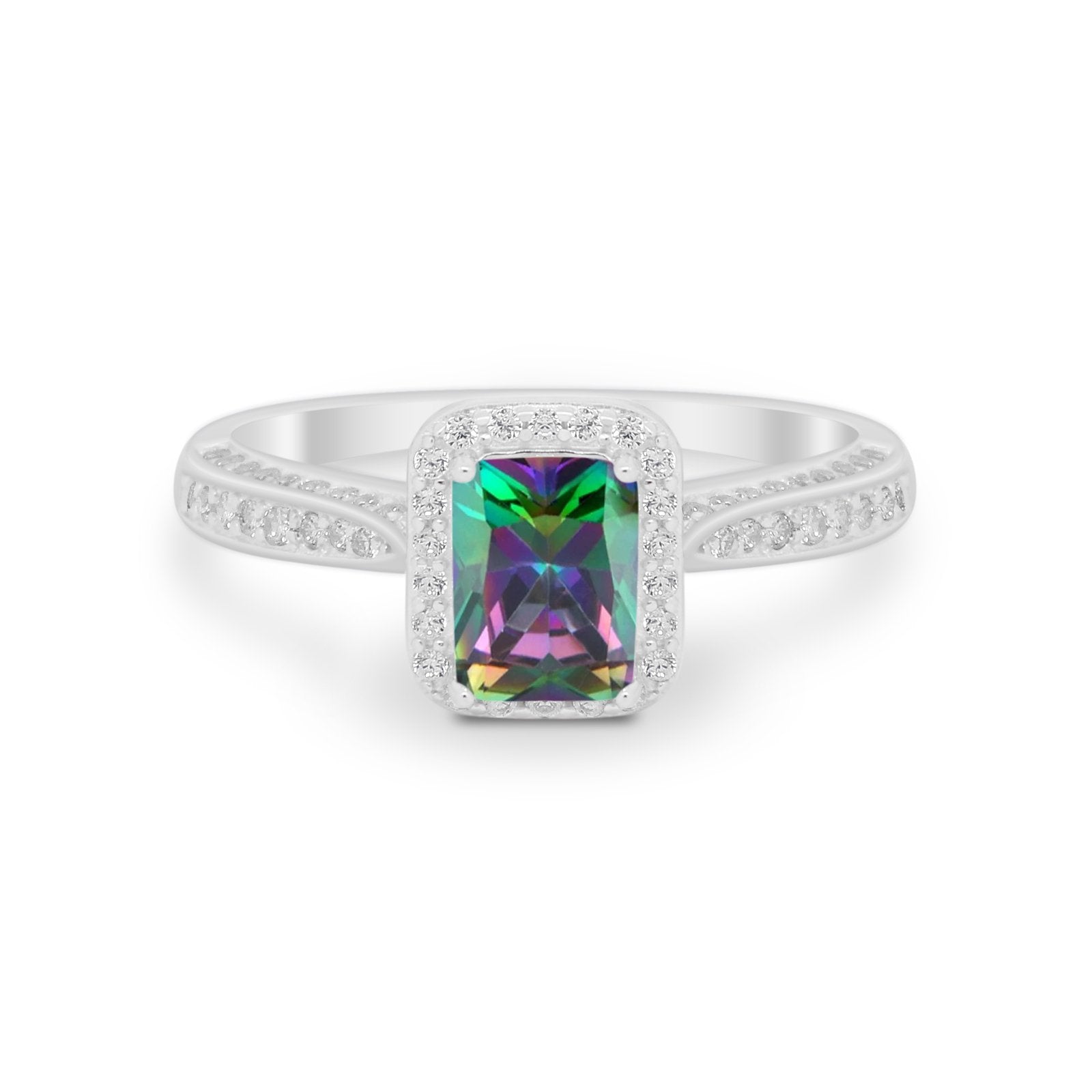 Vintage Emerald Cut Ring Round Simulated Cubic Zirconia 925 Sterling Silver