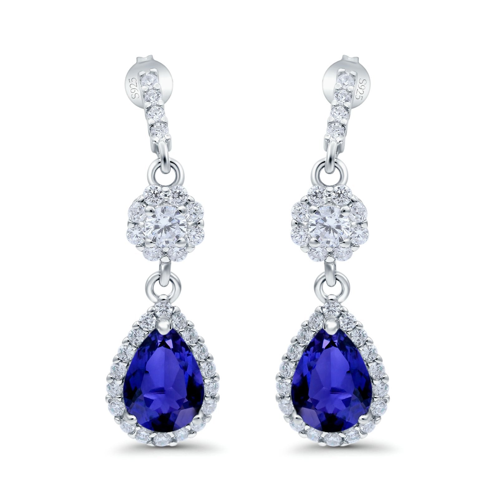 Halo Teardrop Bridal Dangle & Drop Earrings Pear Simulated Cubic Zirconia 925 Sterling Silver