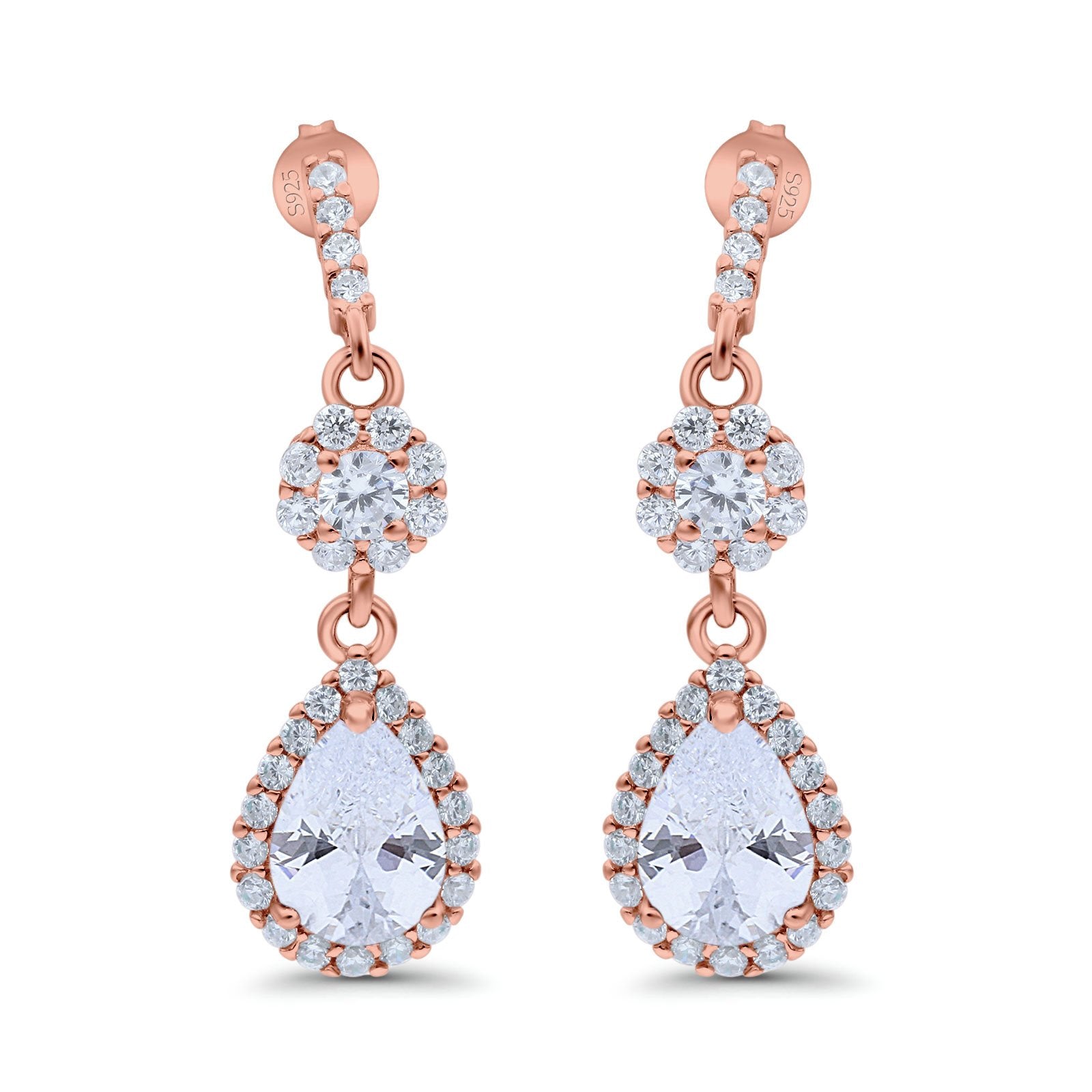 Halo Teardrop Bridal Dangle & Drop Earrings Pear Simulated Cubic Zirconia 925 Sterling Silver