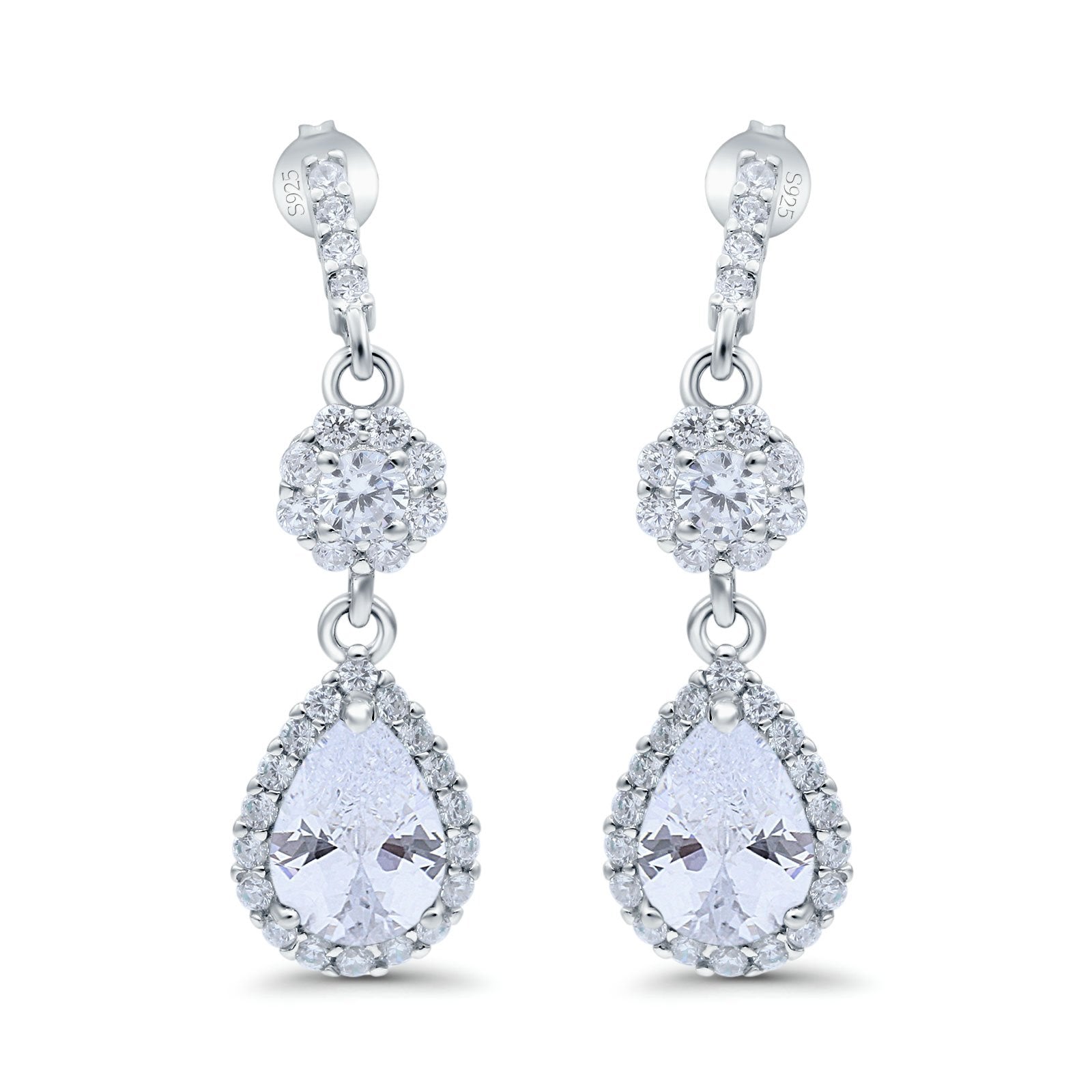 Halo Teardrop Bridal Dangle & Drop Earrings Pear Simulated Cubic Zirconia 925 Sterling Silver