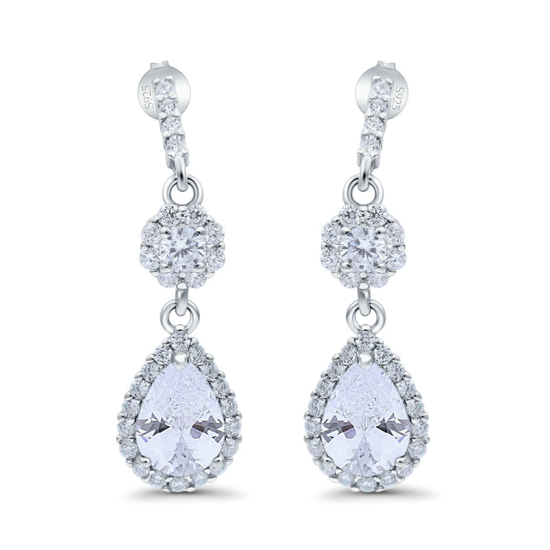 Halo Teardrop Bridal Dangle & Drop Earrings Pear Simulated Cubic Zirconia 925 Sterling Silver