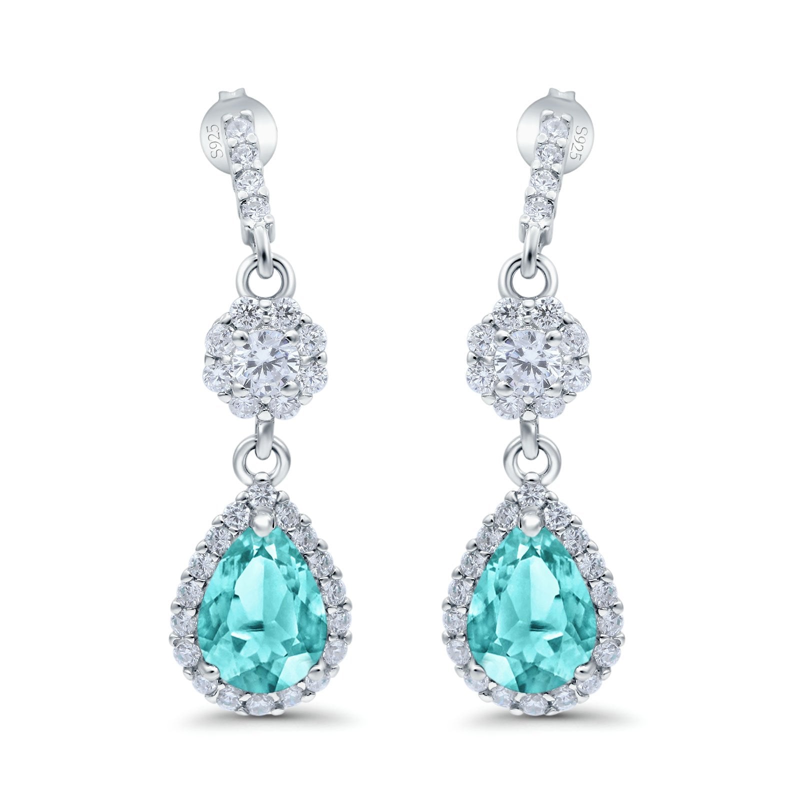 Halo Teardrop Bridal Dangle & Drop Earrings Pear Simulated Cubic Zirconia 925 Sterling Silver