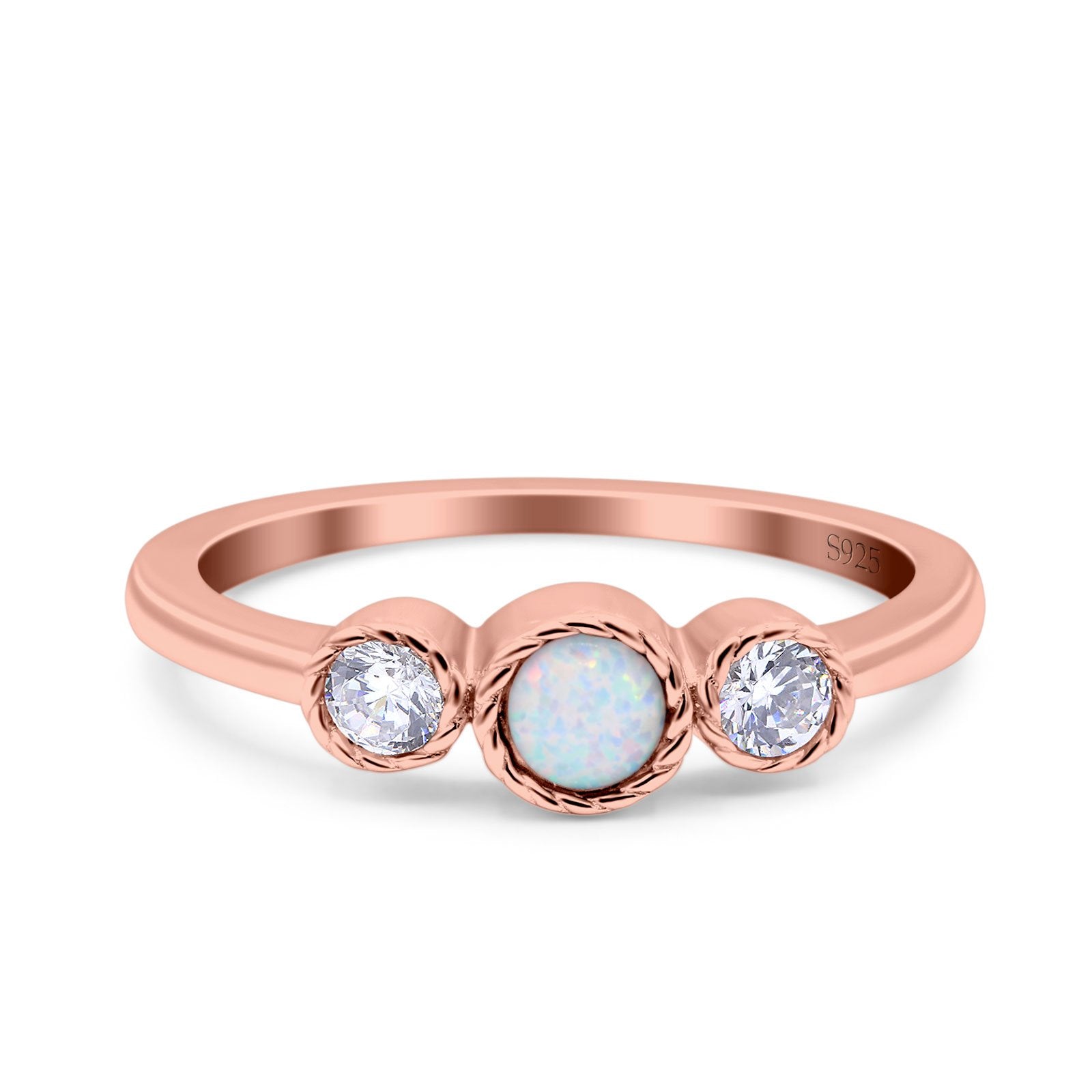 3 Ston Fashion Ring Lab Created White Opal Round Simulated Cubic Zirconia 925 Sterling Silver