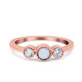 3 Ston Fashion Ring Lab Created White Opal Round Simulated Cubic Zirconia 925 Sterling Silver