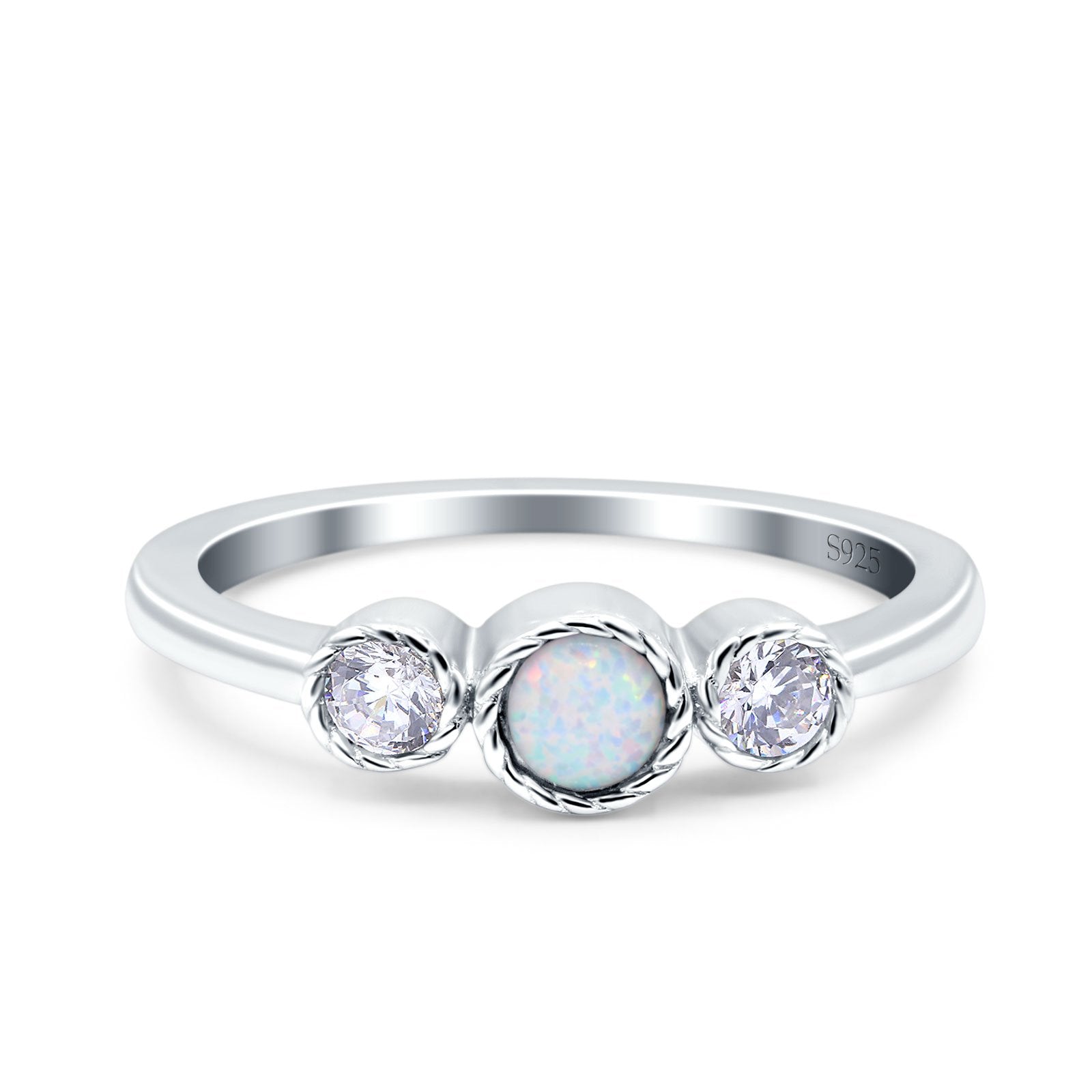 3 Ston Fashion Ring Lab Created White Opal Round Simulated Cubic Zirconia 925 Sterling Silver