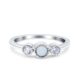 3 Ston Fashion Ring Lab Created White Opal Round Simulated Cubic Zirconia 925 Sterling Silver