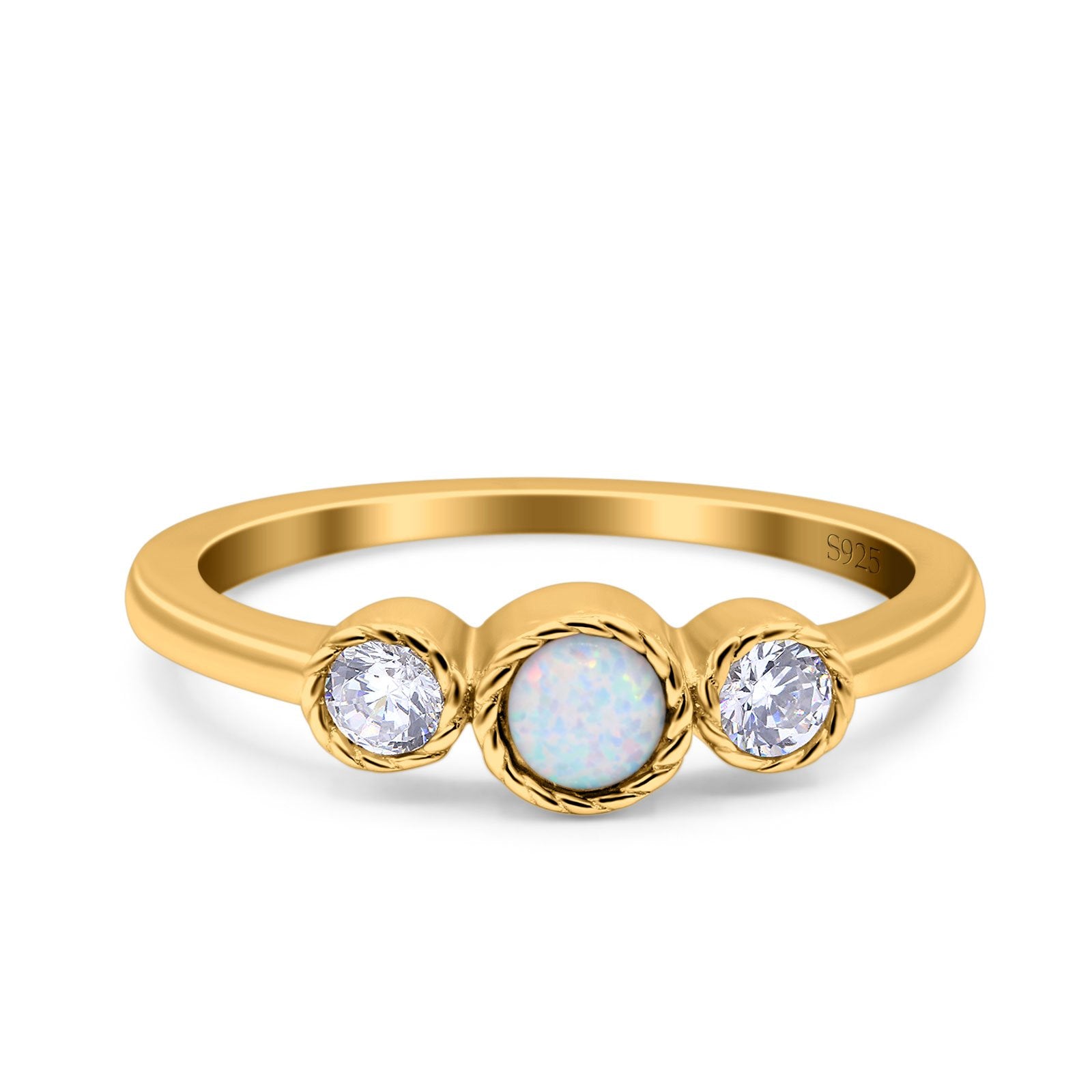 3 Ston Fashion Ring Lab Created White Opal Round Simulated Cubic Zirconia 925 Sterling Silver