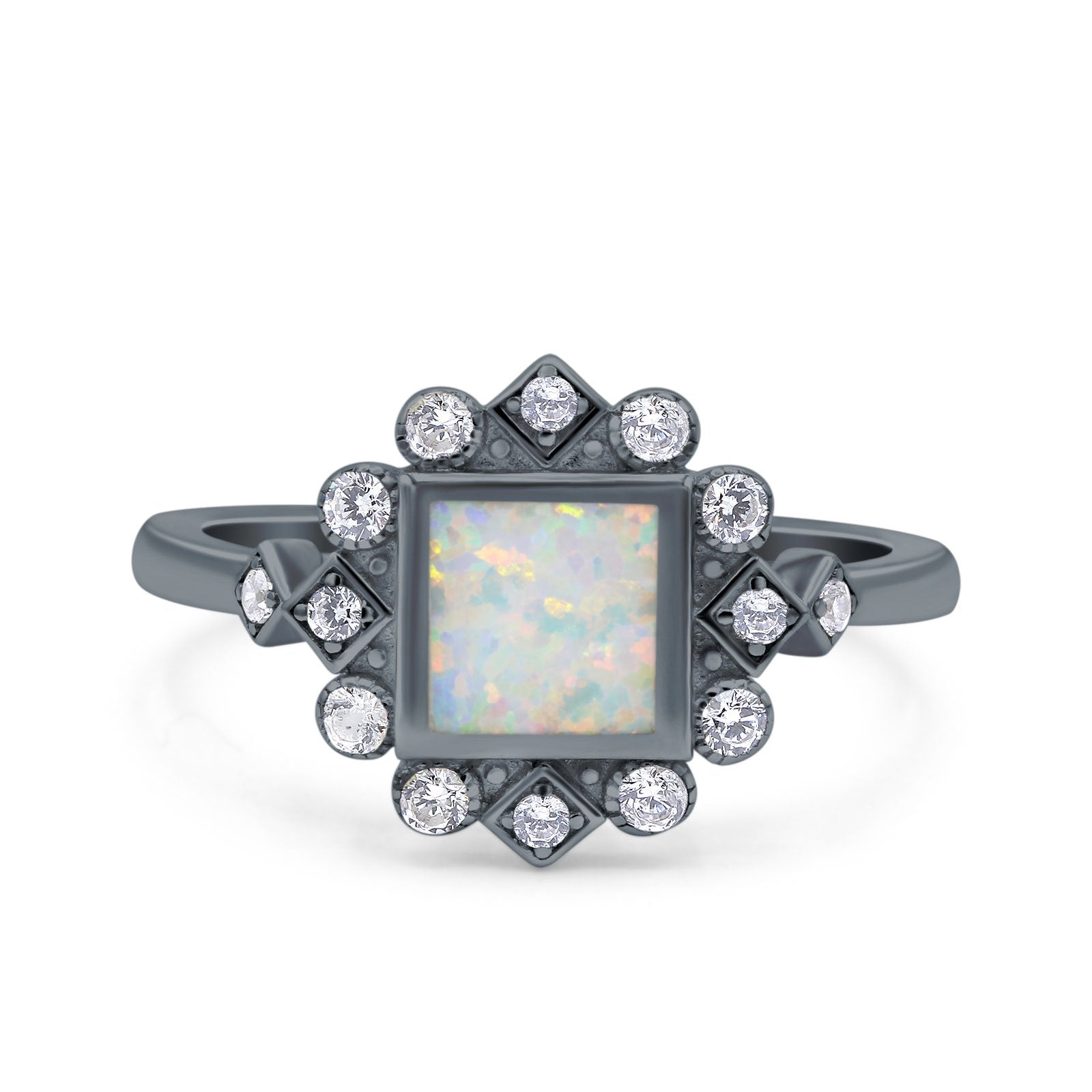 Halo Princess Wedding Engagement Ring Lab Created White Opal Round Simulated Cubic Zirconia 925 Sterling Silver