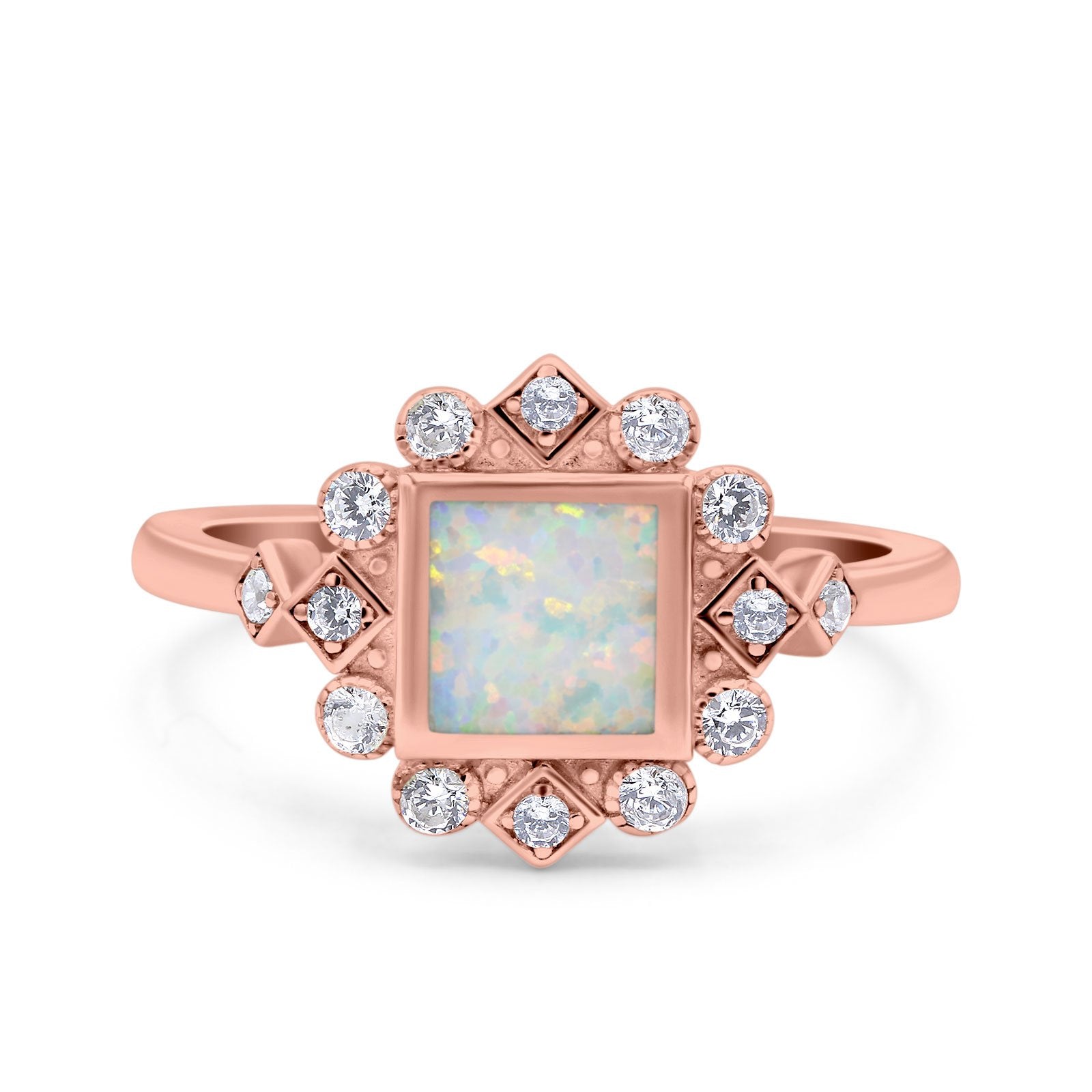 Halo Princess Wedding Engagement Ring Lab Created White Opal Round Simulated Cubic Zirconia 925 Sterling Silver