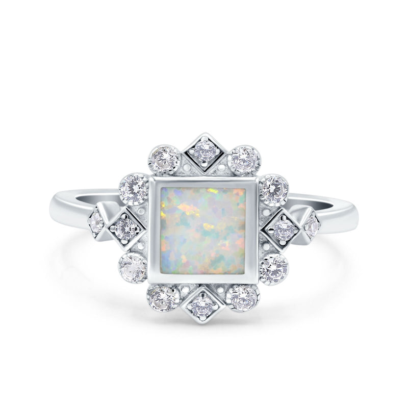 Halo Princess Wedding Engagement Ring Lab Created White Opal Round Simulated Cubic Zirconia 925 Sterling Silver