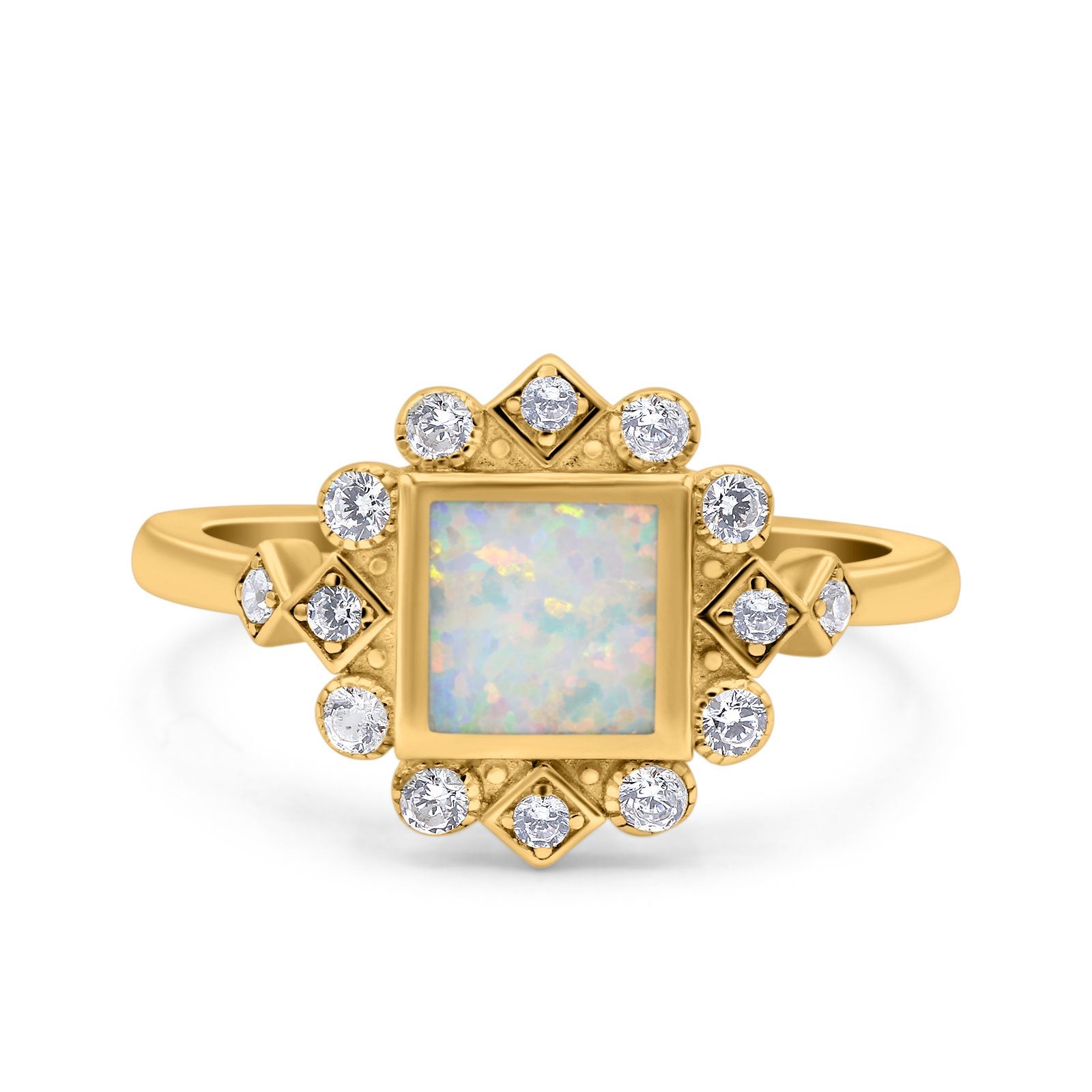 Halo Princess Wedding Engagement Ring Lab Created White Opal Round Simulated Cubic Zirconia 925 Sterling Silver