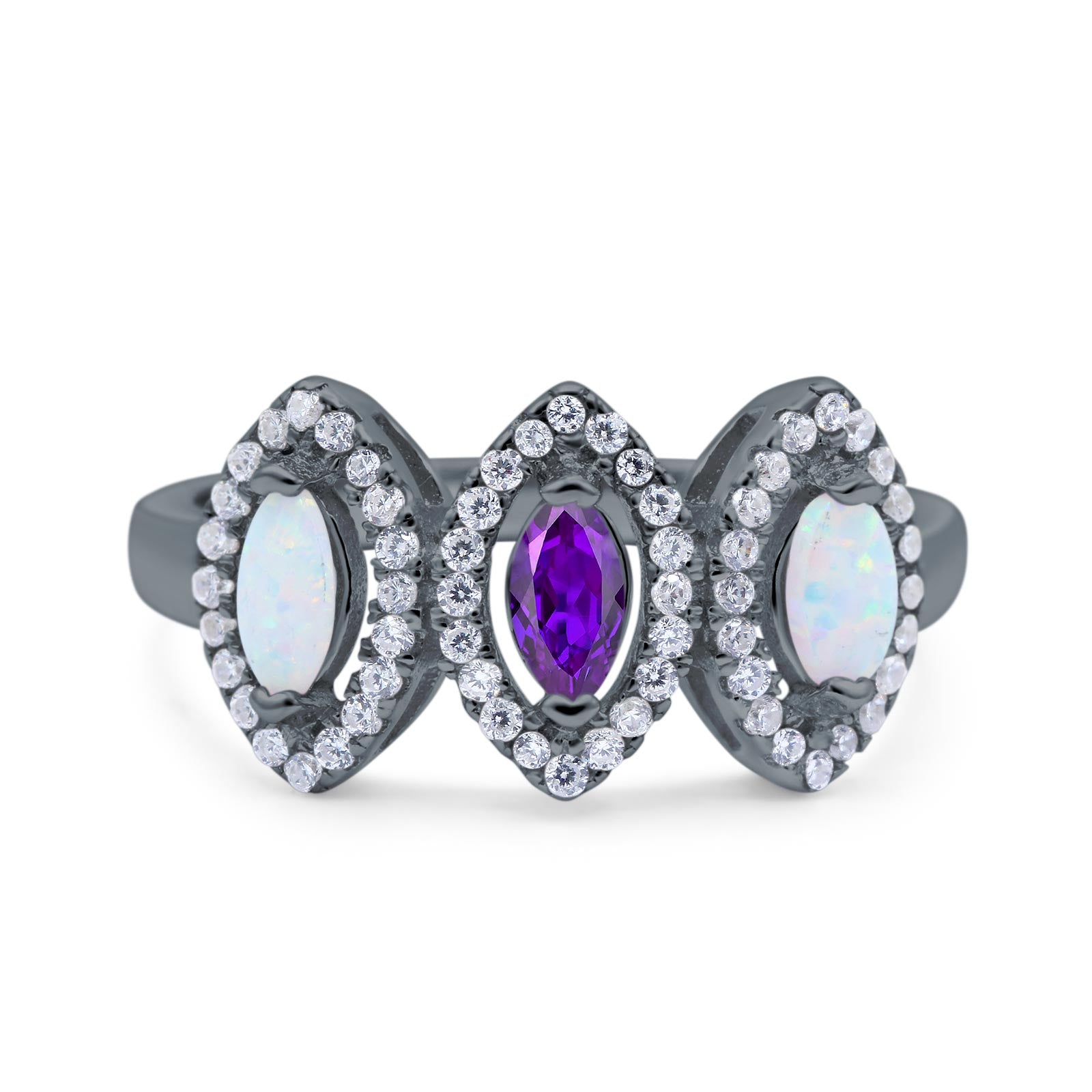Halo Marquise Art Deco Three Stone Wedding Bridal Ring Created White Opal Round Simulated Cubic Zirconia 925 Sterling Silver