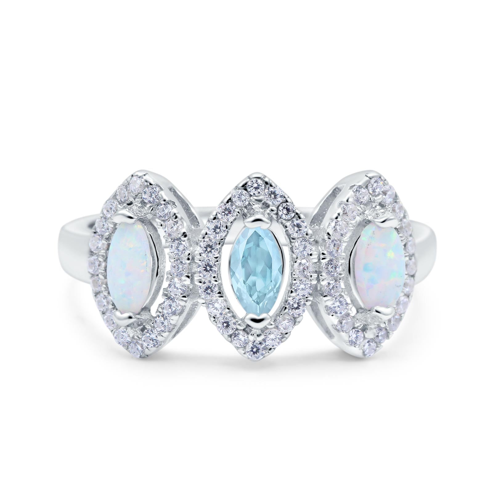 Halo Marquise Art Deco Three Stone Wedding Bridal Ring Created White Opal Round Simulated Cubic Zirconia 925 Sterling Silver