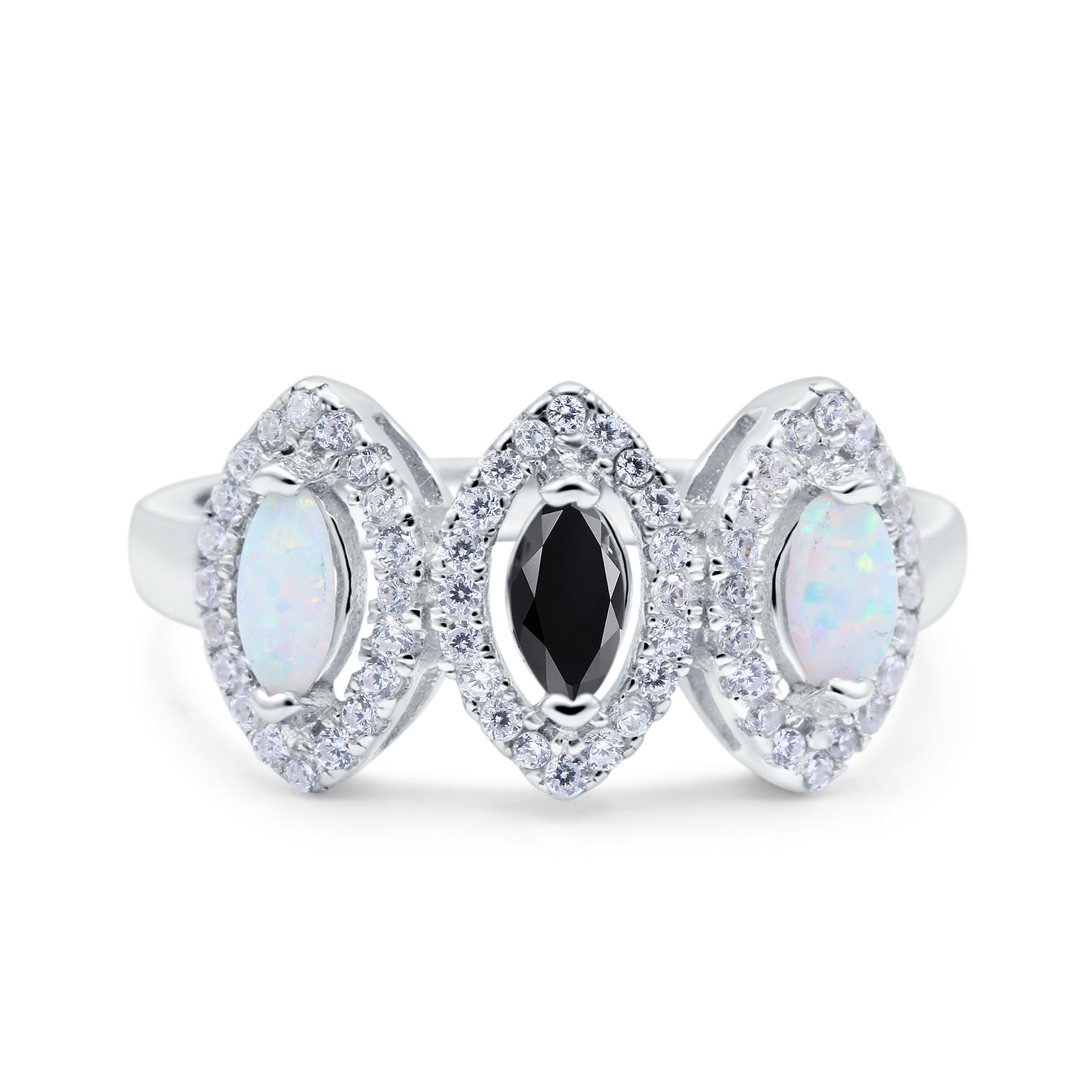 Halo Marquise Art Deco Three Stone Wedding Bridal Ring Created White Opal Round Simulated Cubic Zirconia 925 Sterling Silver