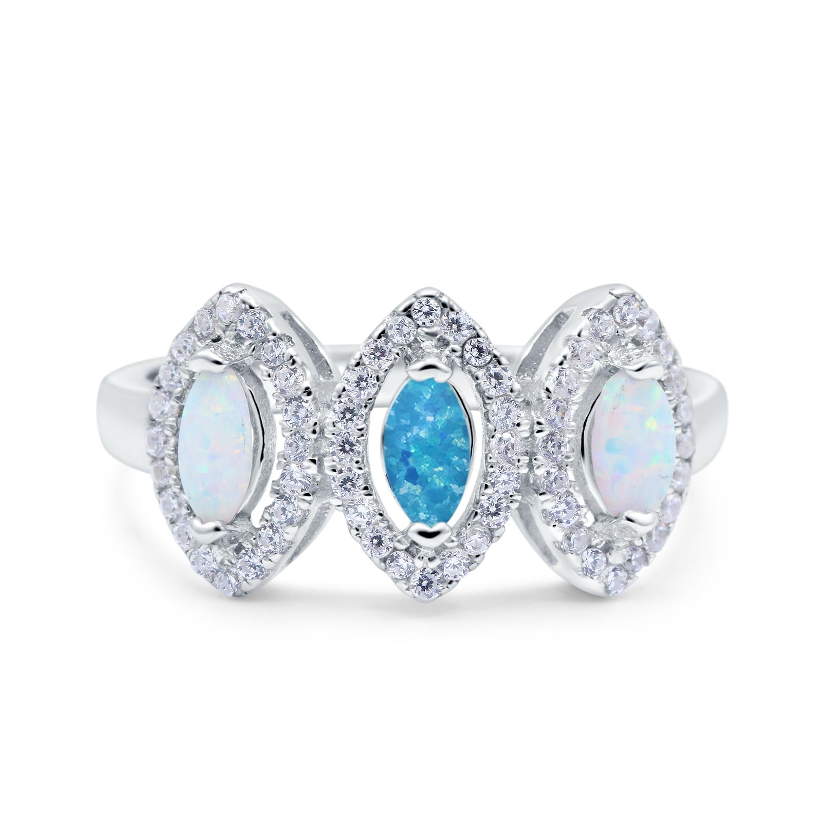 Halo Marquise Art Deco Three Stone Wedding Bridal Ring Created White Opal Round Simulated Cubic Zirconia 925 Sterling Silver