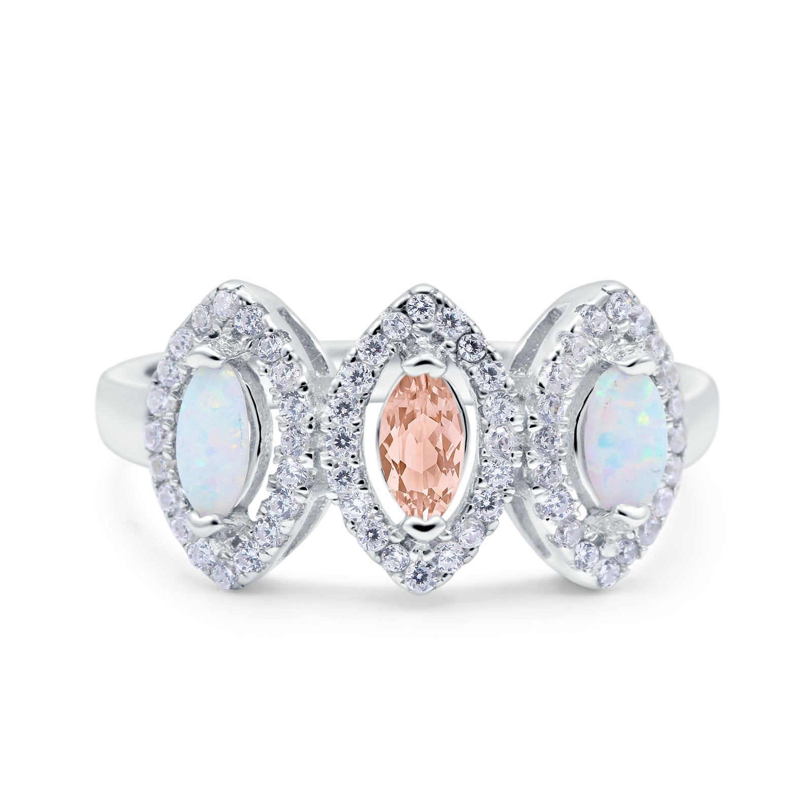 Halo Marquise Art Deco Three Stone Wedding Bridal Ring Created White Opal Round Simulated Cubic Zirconia 925 Sterling Silver
