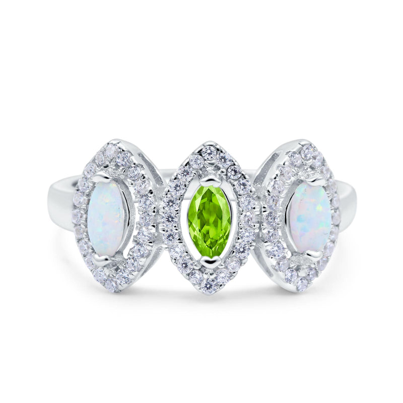 Halo Marquise Art Deco Three Stone Wedding Bridal Ring Created White Opal Round Simulated Cubic Zirconia 925 Sterling Silver