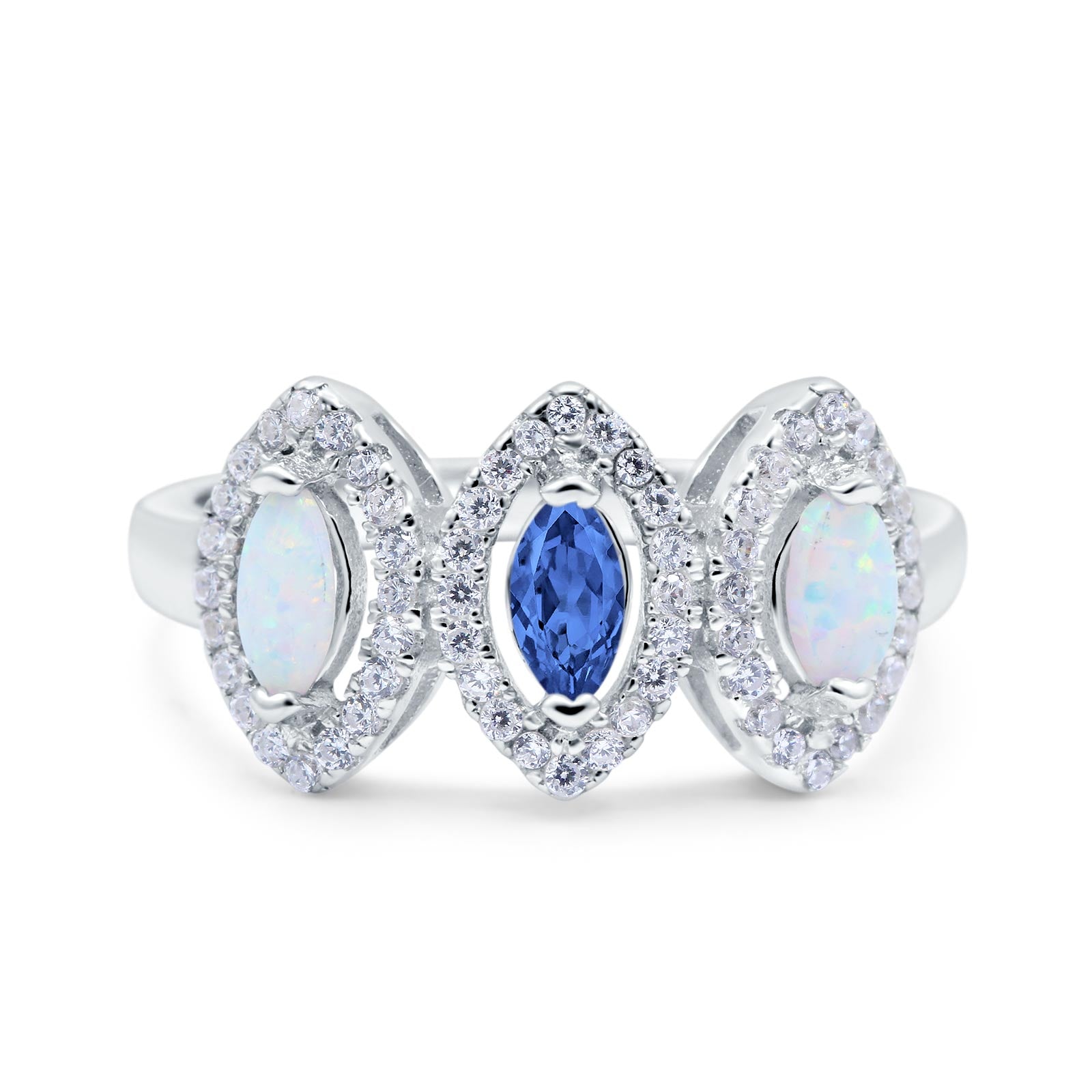 Halo Marquise Art Deco Three Stone Wedding Bridal Ring Created White Opal Round Simulated Cubic Zirconia 925 Sterling Silver
