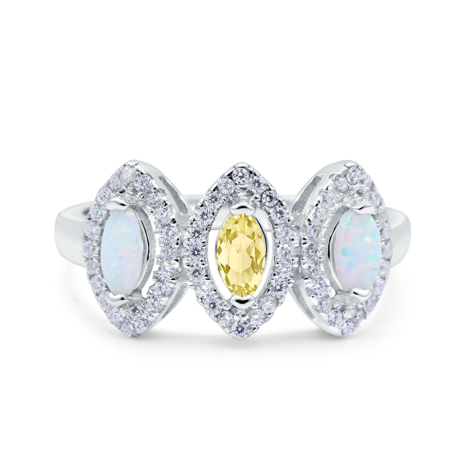 Halo Marquise Art Deco Three Stone Wedding Bridal Ring Created White Opal Round Simulated Cubic Zirconia 925 Sterling Silver
