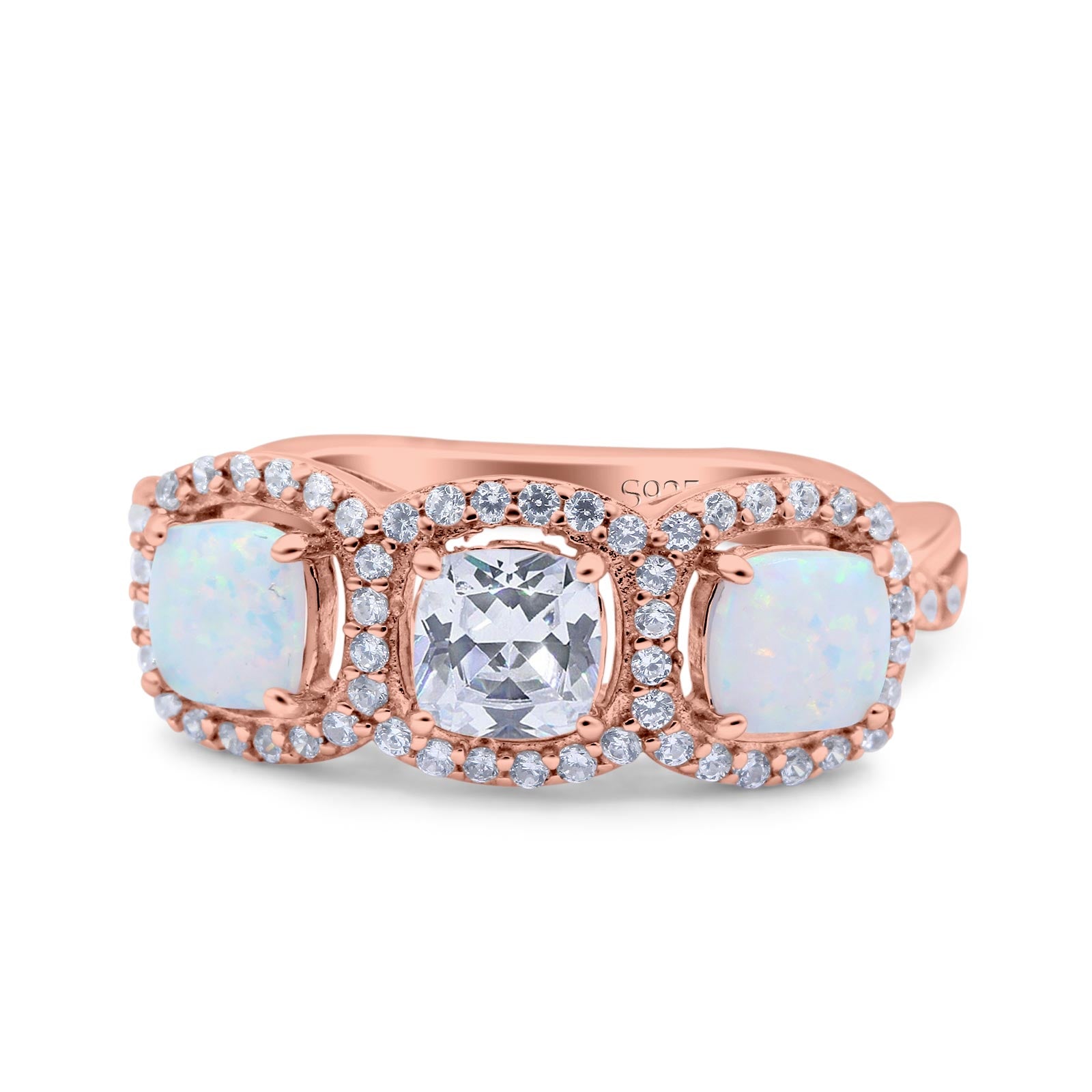 Halo Cushion Art Deco Three Stone Wedding Bridal Ring Created White Opal Round Simulated Cubic Zirconia 925 Sterling Silver