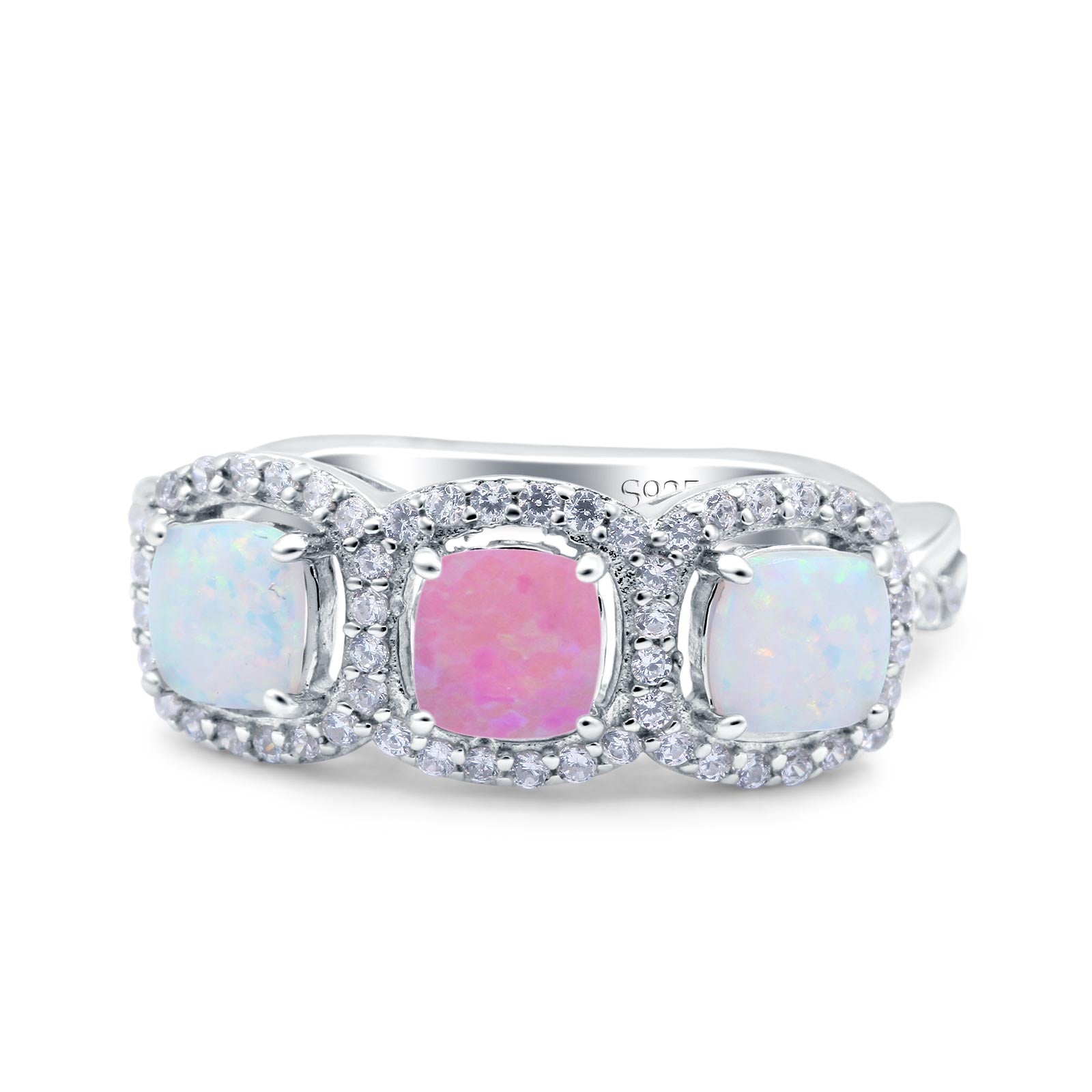 Halo Cushion Art Deco Three Stone Wedding Bridal Ring Created White Opal Round Simulated Cubic Zirconia 925 Sterling Silver