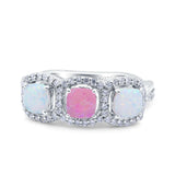 Halo Cushion Art Deco Three Stone Wedding Bridal Ring Created White Opal Round Simulated Cubic Zirconia 925 Sterling Silver