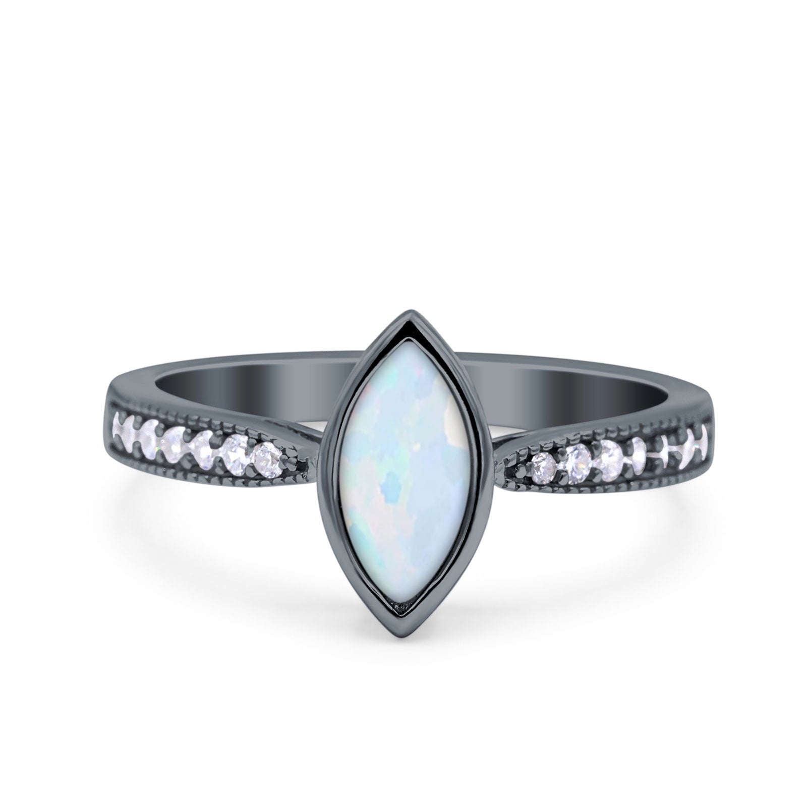 Marquise Art Deco Wedding Engagement Ring Lab Created White Opal Round Simulated Cubic Zirconia 925 Sterling Silver