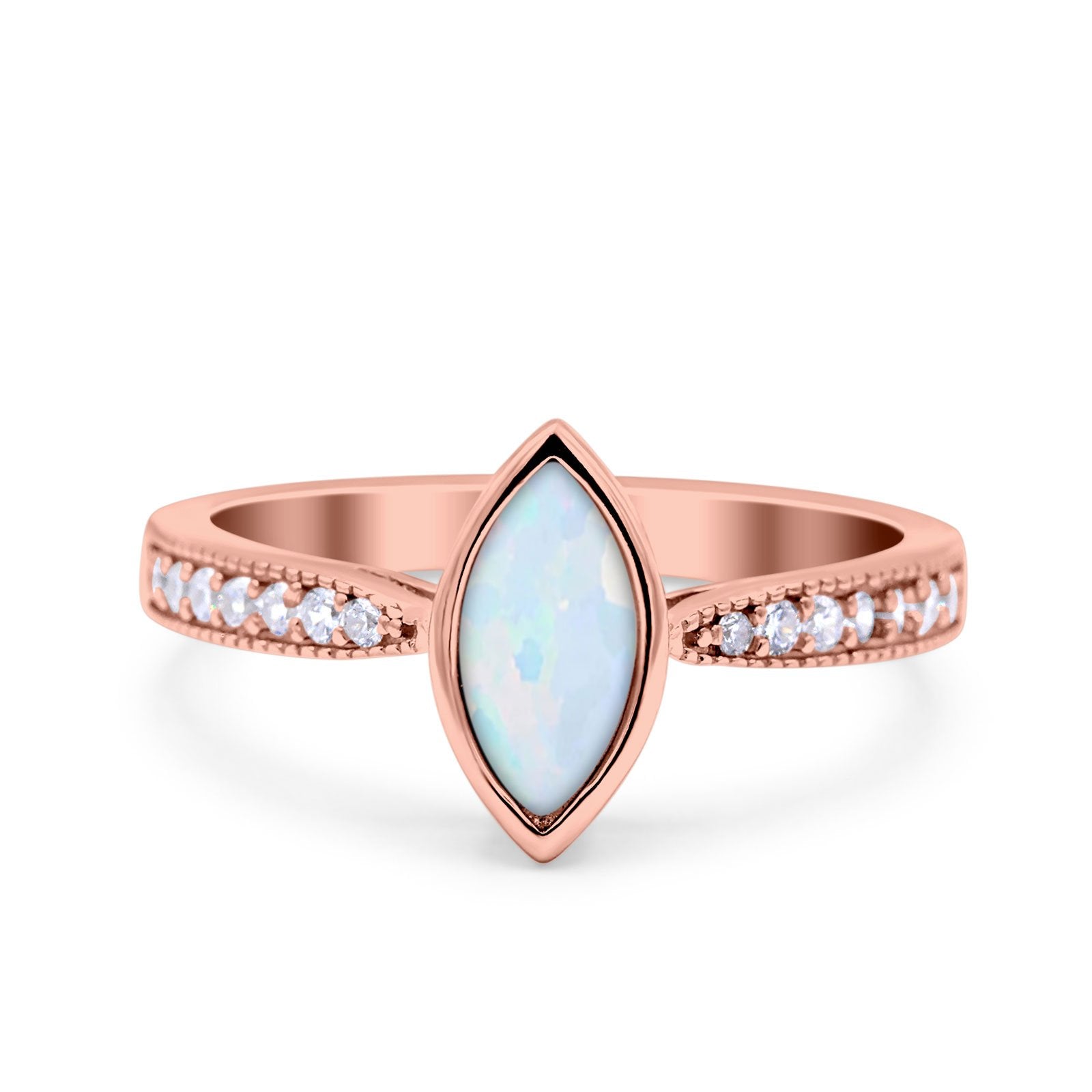 Marquise Art Deco Wedding Engagement Ring Lab Created White Opal Round Simulated Cubic Zirconia 925 Sterling Silver