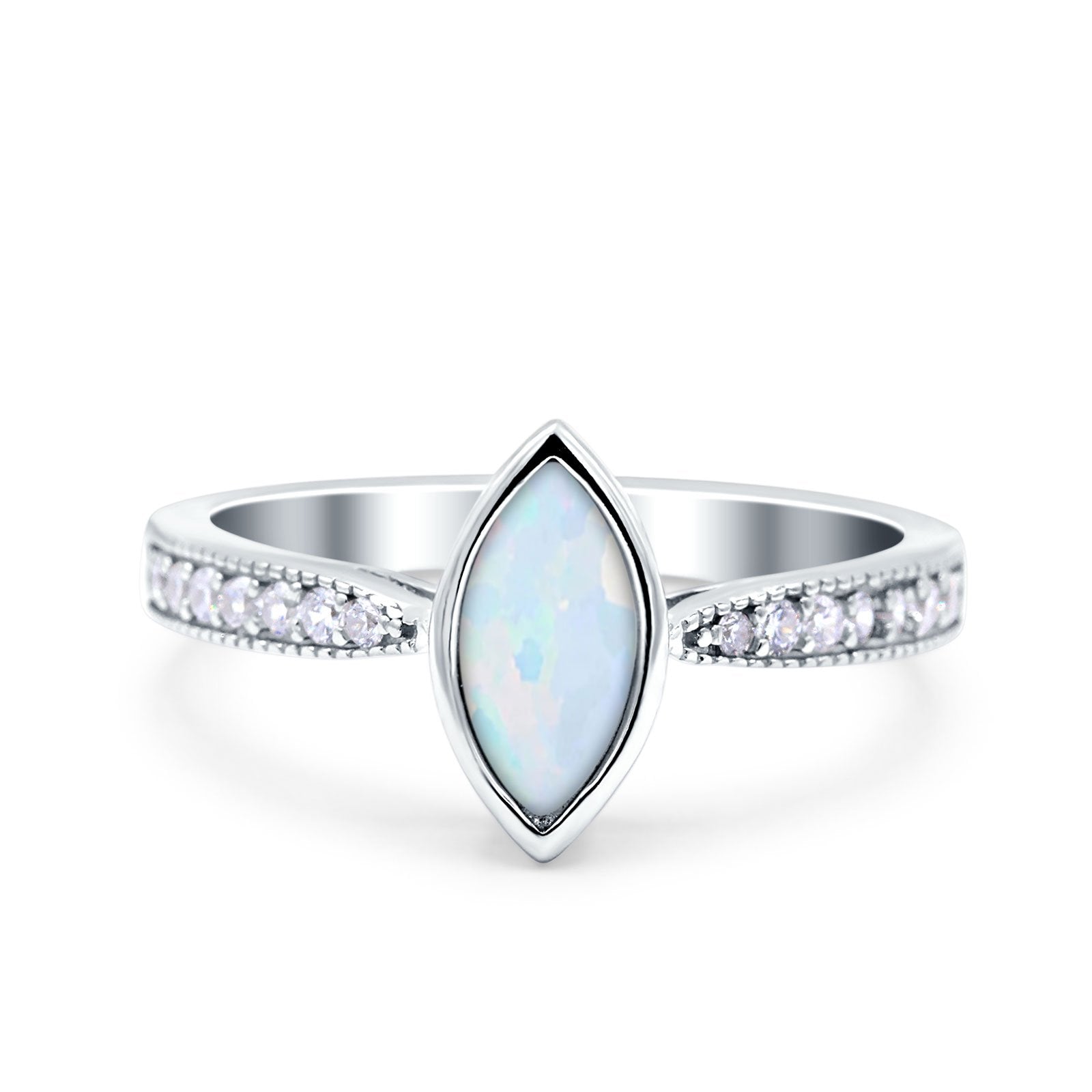 Marquise Art Deco Wedding Engagement Ring Lab Created White Opal Round Simulated Cubic Zirconia 925 Sterling Silver