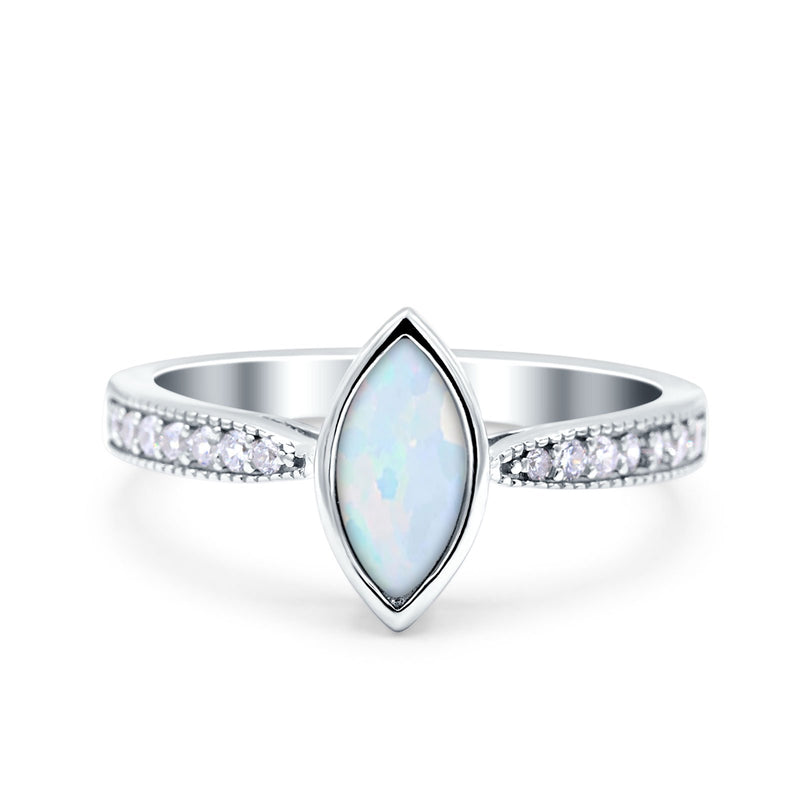 Marquise Art Deco Wedding Engagement Ring Lab Created White Opal Round Simulated Cubic Zirconia 925 Sterling Silver