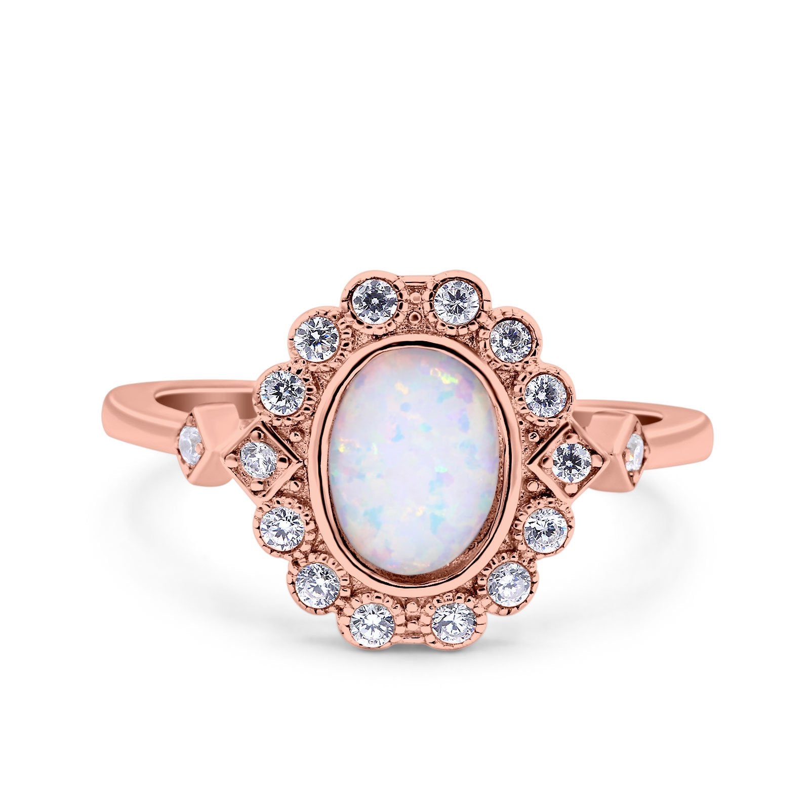 Halo Art Deco Wedding Engagement Ring Lab Created White Opal Round Simulated Cubic Zirconia 925 Sterling Silver