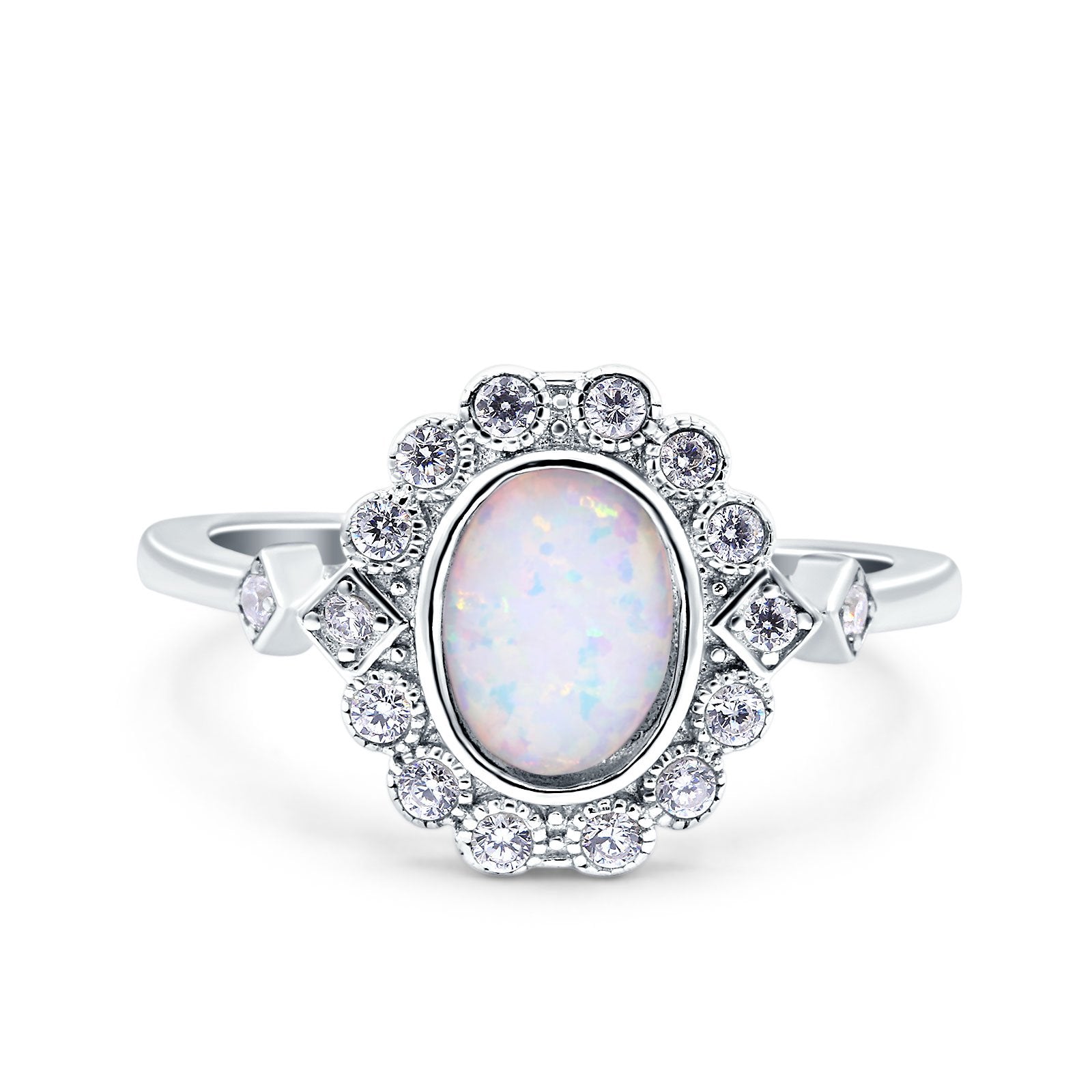 Halo Art Deco Wedding Engagement Ring Lab Created White Opal Round Simulated Cubic Zirconia 925 Sterling Silver