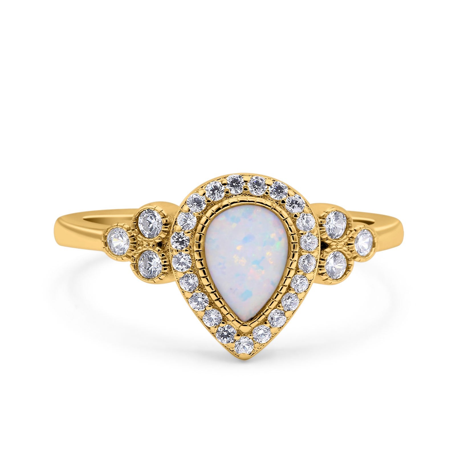 Halo Pear Wedding Engagement Ring Lab Created White Opal Round Simulated Cubic Zirconia 925 Sterling Silver