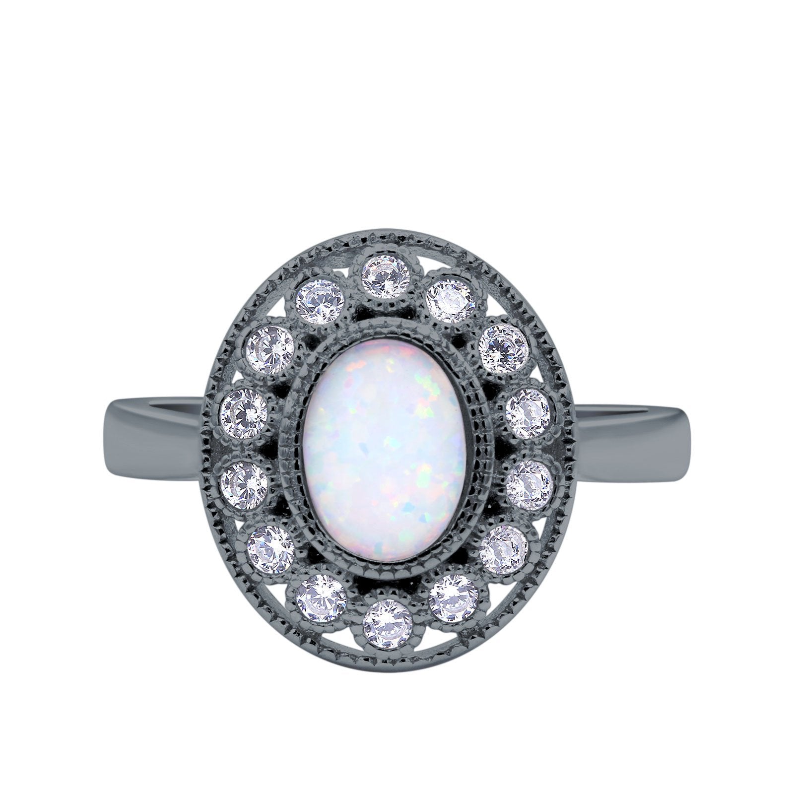 Halo Art Deco Wedding Engagement Ring Lab Created White Opal Round Simulated Cubic Zirconia 925 Sterling Silver