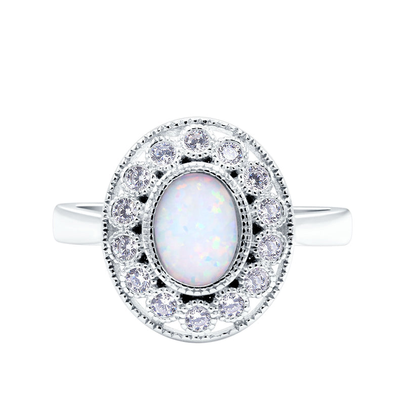 Halo Art Deco Wedding Engagement Ring Lab Created White Opal Round Simulated Cubic Zirconia 925 Sterling Silver