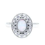 Halo Art Deco Wedding Engagement Ring Lab Created White Opal Round Simulated Cubic Zirconia 925 Sterling Silver