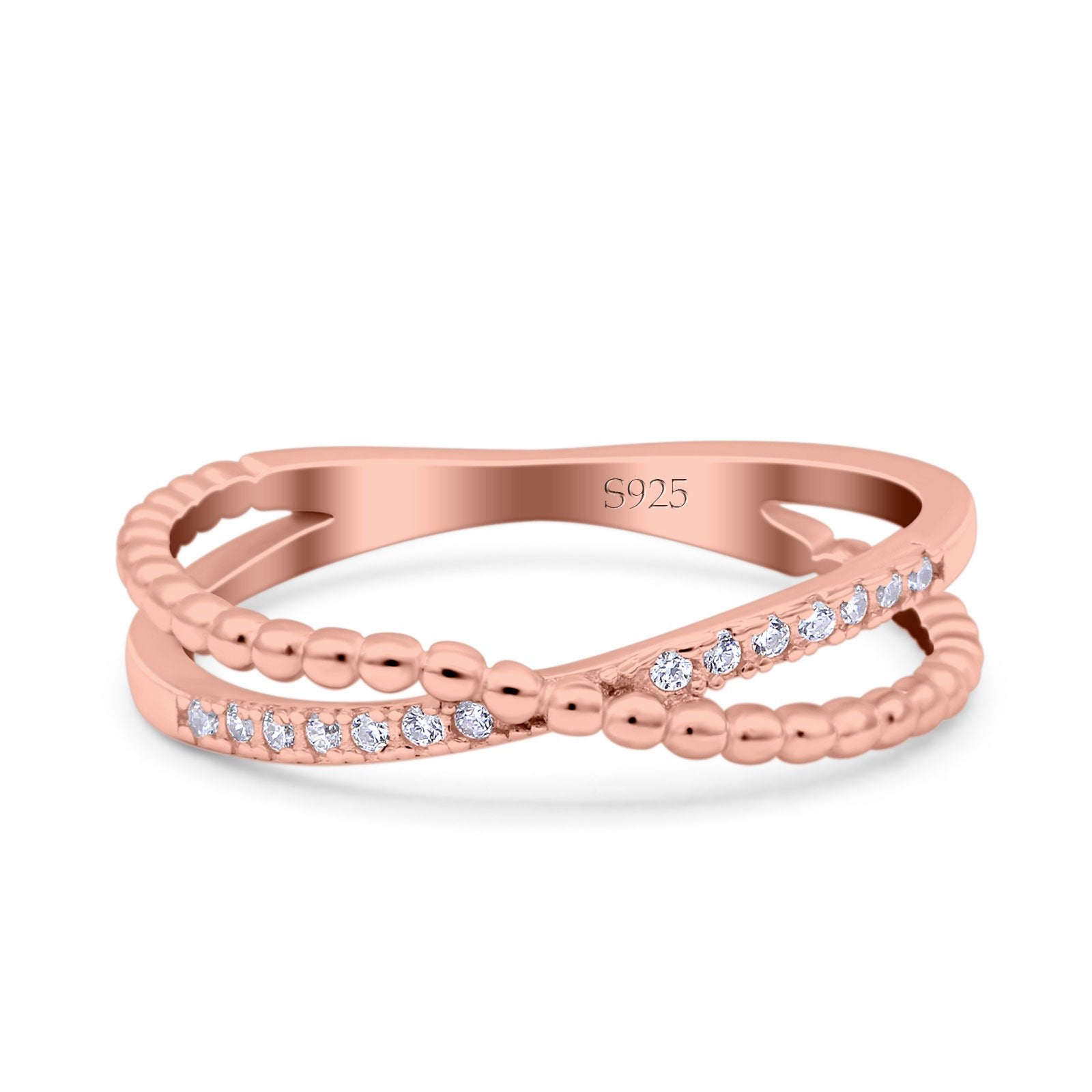 Beaded Criss Cross Wedding Ring Simulated Cubic Zirconia 925 Sterling Silver