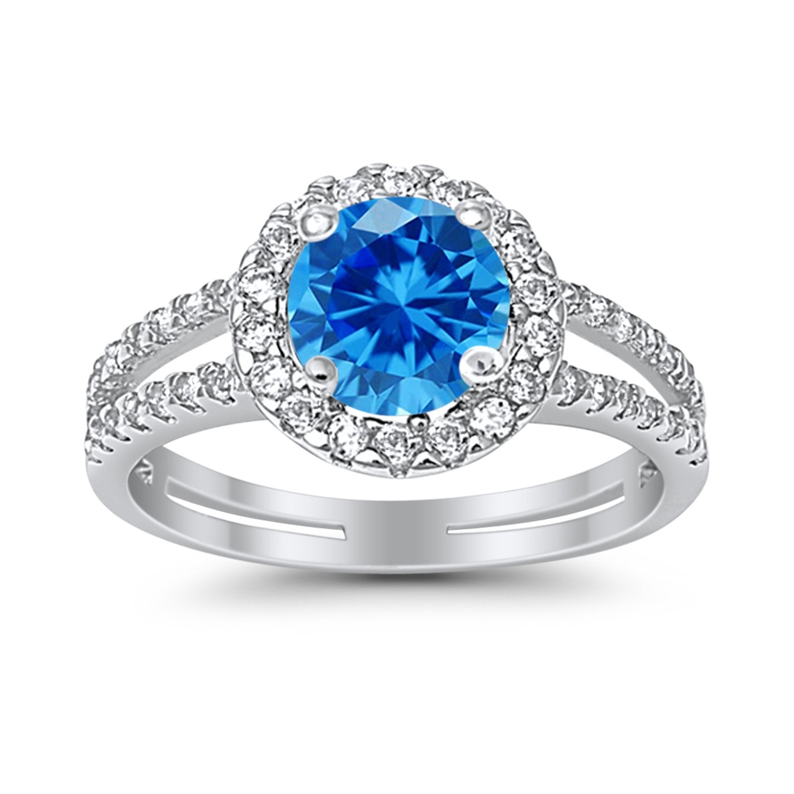 Halo Split Shank Engagement Ring Simulated Cubic Zirconia 925 Sterling Silver