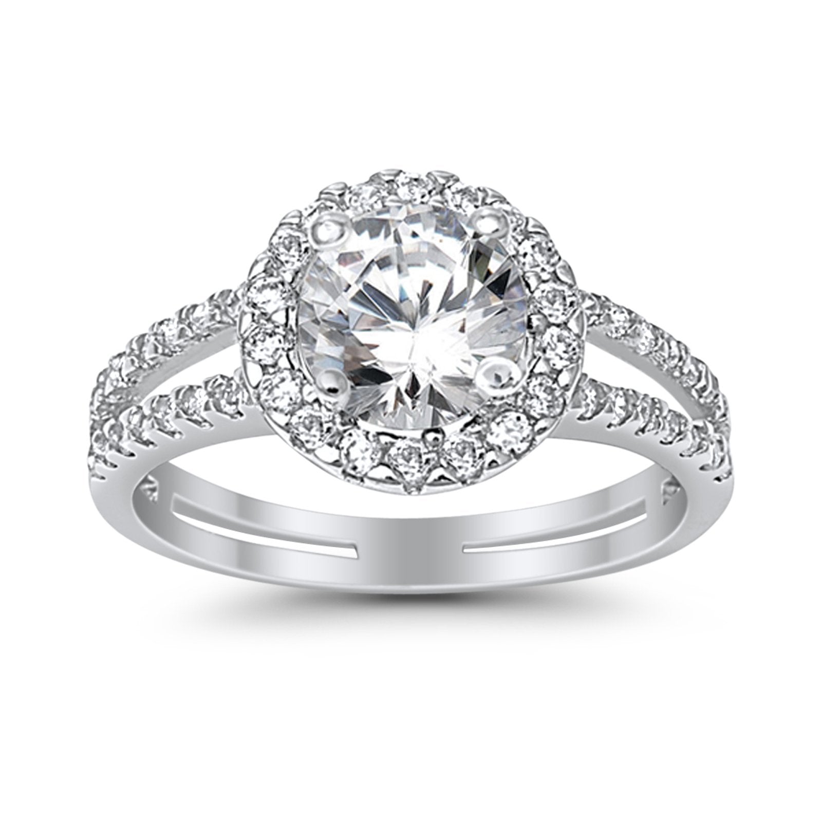 Halo Split Shank Engagement Ring Simulated Cubic Zirconia 925 Sterling Silver