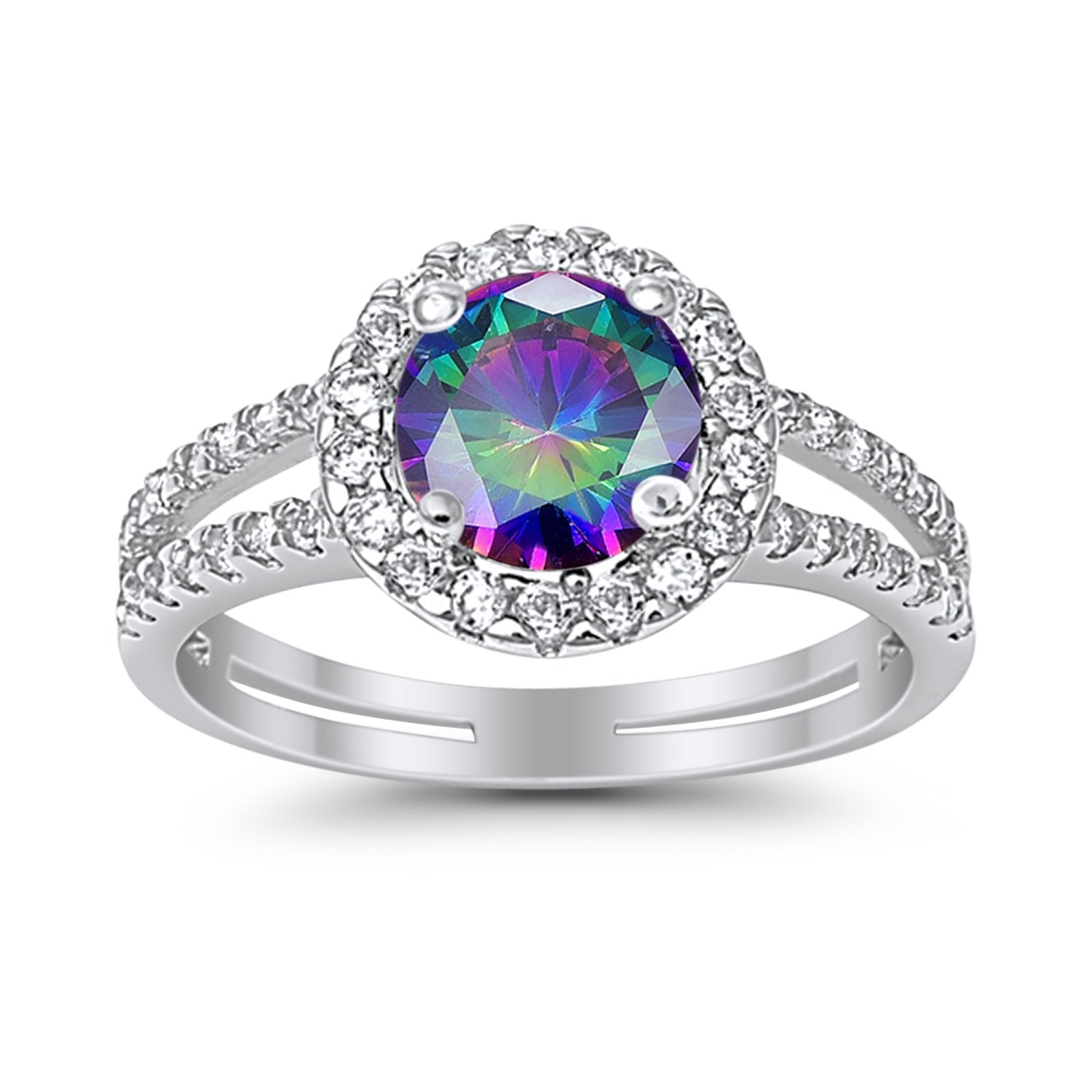 Halo Split Shank Engagement Ring Simulated Cubic Zirconia 925 Sterling Silver