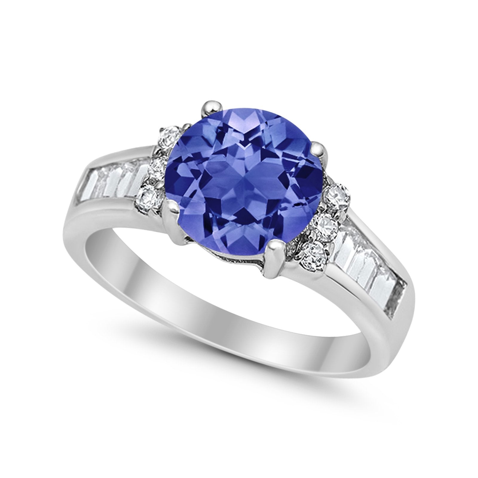 Engagement Round Baguette Stone Ring Simulated CZ 925 Sterling Silver