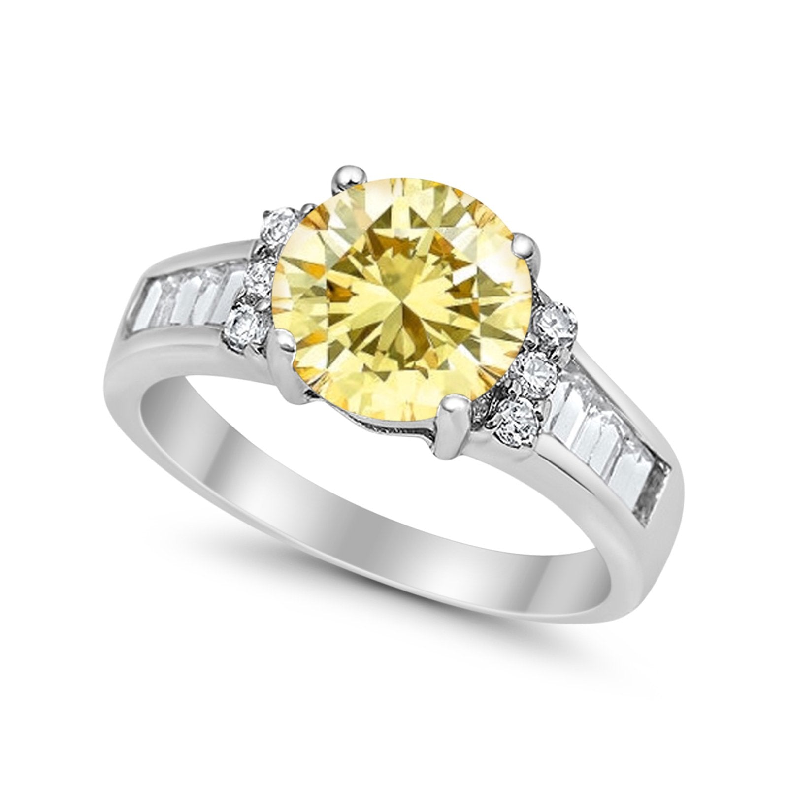 Engagement Round Baguette Stone Ring Simulated CZ 925 Sterling Silver