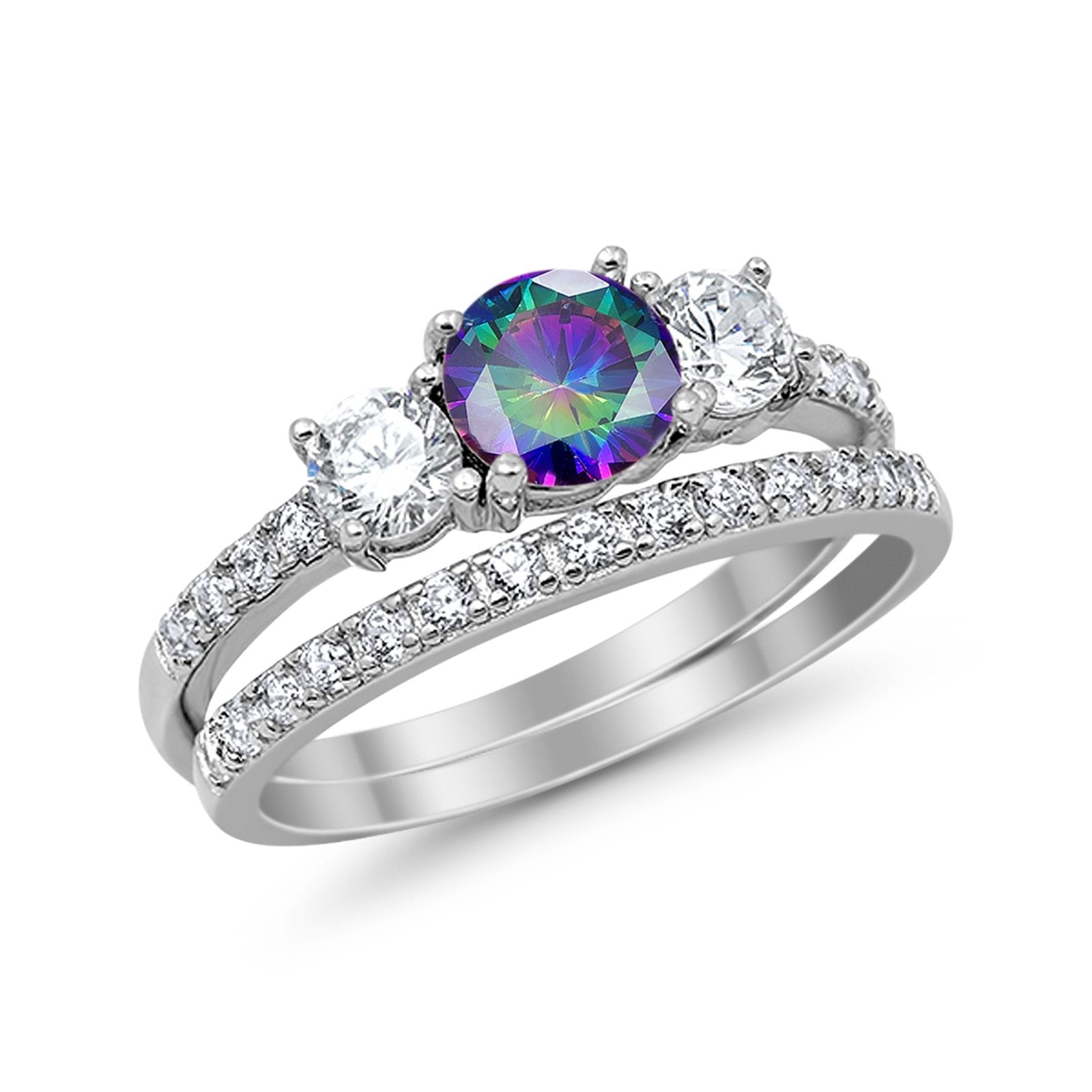 3-Stone Wedding Bridal Piece Ring Simulated Cubic Zirconia 925 Sterling Silver