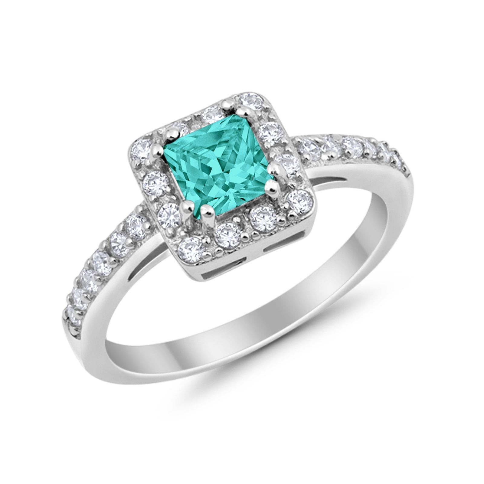 Halo Engagement Ring Princess Cut Simulated CZ 925 Sterling Silver